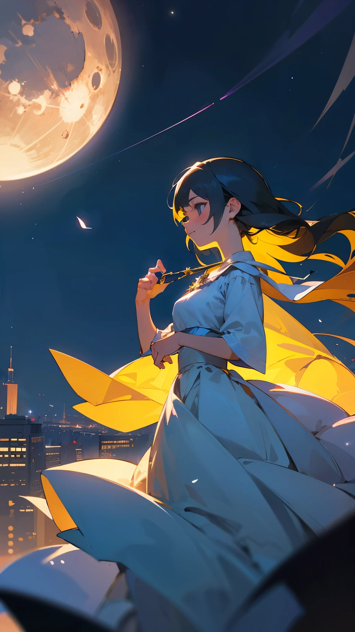 Quiet night,The starry sky is bright,On the roof sat a girl。She looked up at the starry sky in silence,Enjoy this peaceful evening,Girl wears a light dress,The skirt flutters in the wind,Her long hair shimmered in the moonlight,Exude fresh breath,Stars shining in the night sky,They were like winking at a girl,As if he wanted to share this beautiful moment with her,The bricks on the roof take on ancient beauty in the moonlight,Contrast with the neon lights of the city,The girl gently opened her eyes,She seemed to feel the beauty of this world,Her face looked quiet and calm under the starlight,Her body swayed gently in the night breeze,It's as if you're one with this peaceful night,The picture is full of quiet beauty and tenderness,a person々Make the night sky mysterious and quiet,View from a distance, Atmospheric lighting, Focus individually, closeup cleavage, Seen from the side, depth of fields, Background bokeh,best qualtiy,tmasterpiece,Very detailed,Detailed background,