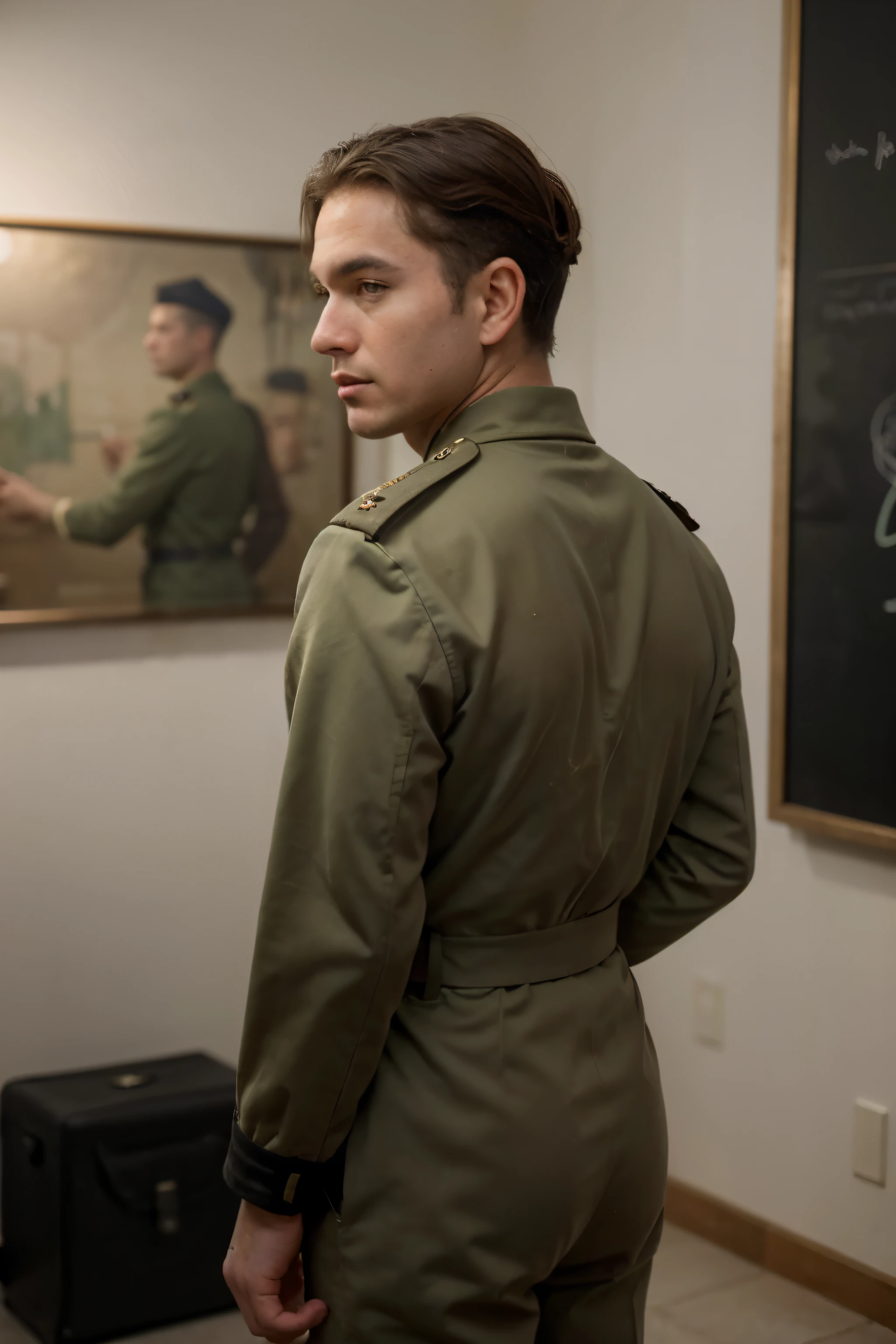 ((melhor qualidade)), ((obra de arte)), (detalhado), perfect face Young 1940s military admiral wearing typical 1940s green uniform and green beret, facing away from the camera.