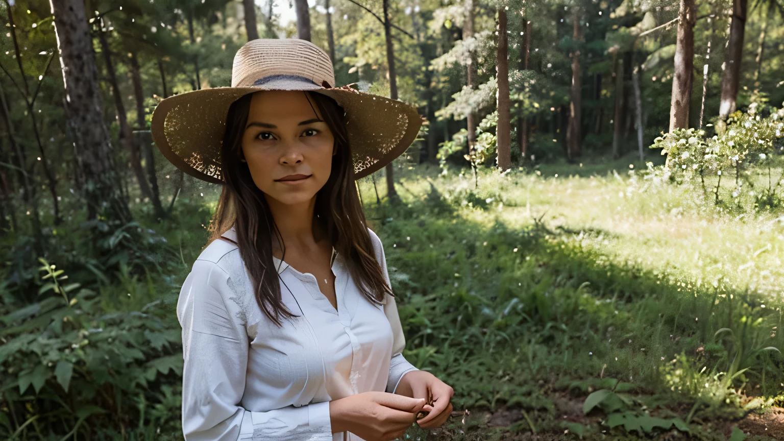 I WANT AN IMAGE OF A VERY RURAL WOMAN IN A HAT IN THE MIDDLE OF THE FOREST WITH MEDICINAL PLANTS FEATURED FOR THE WOMAN TO APPEAR IN THE CORNER OF THE IMAGE
