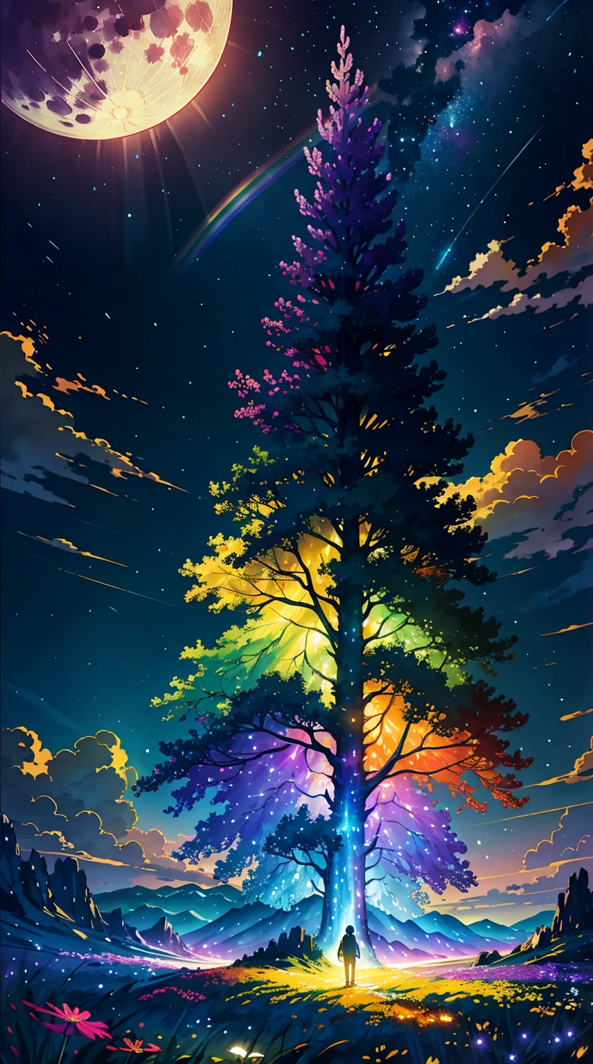 vast landscape photos, (A view of the sky and the wilderness below),  Standing in the flower field and looking up, (full moon: 1.2), (meteor: 0.9), (nebula: 1.3), distant mountains, The art of tree folding, (Warm light source: 1.2), (firefly: 1.2), lamp, purple and orange, intricate details, Volumetric lightingBREAK (masterpiece: 1.2), (best quality ), 4k, Super detailed, (Dynamic configuration: 1.4), Highly detailed and colorful details (rainbow colors: 1.2), (閃閃發光的lamp光, mood lighting), Dreamy, magic, (alone: 1.2)
