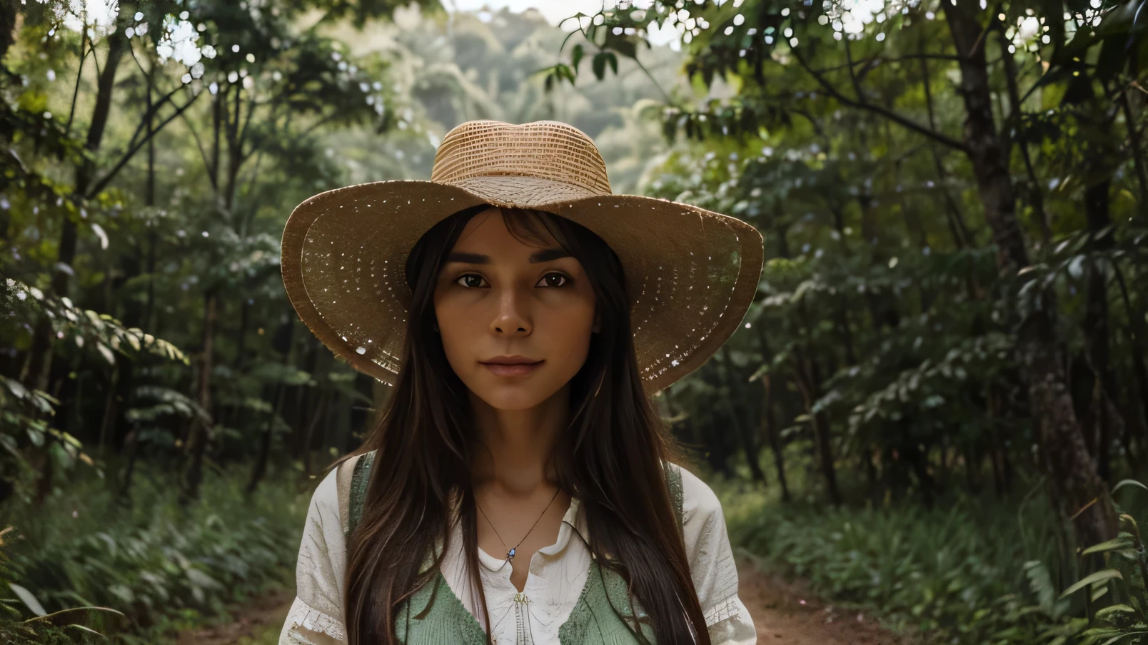 I WANT AN IMAGE OF A VERY RURAL WOMAN IN A HAT IN THE MIDDLE OF THE FOREST, COM PLANTAS MEDICINAIS EM DESTAQUE, A MULHER TEM APARECER NO CANTO DO ESQUADRO.