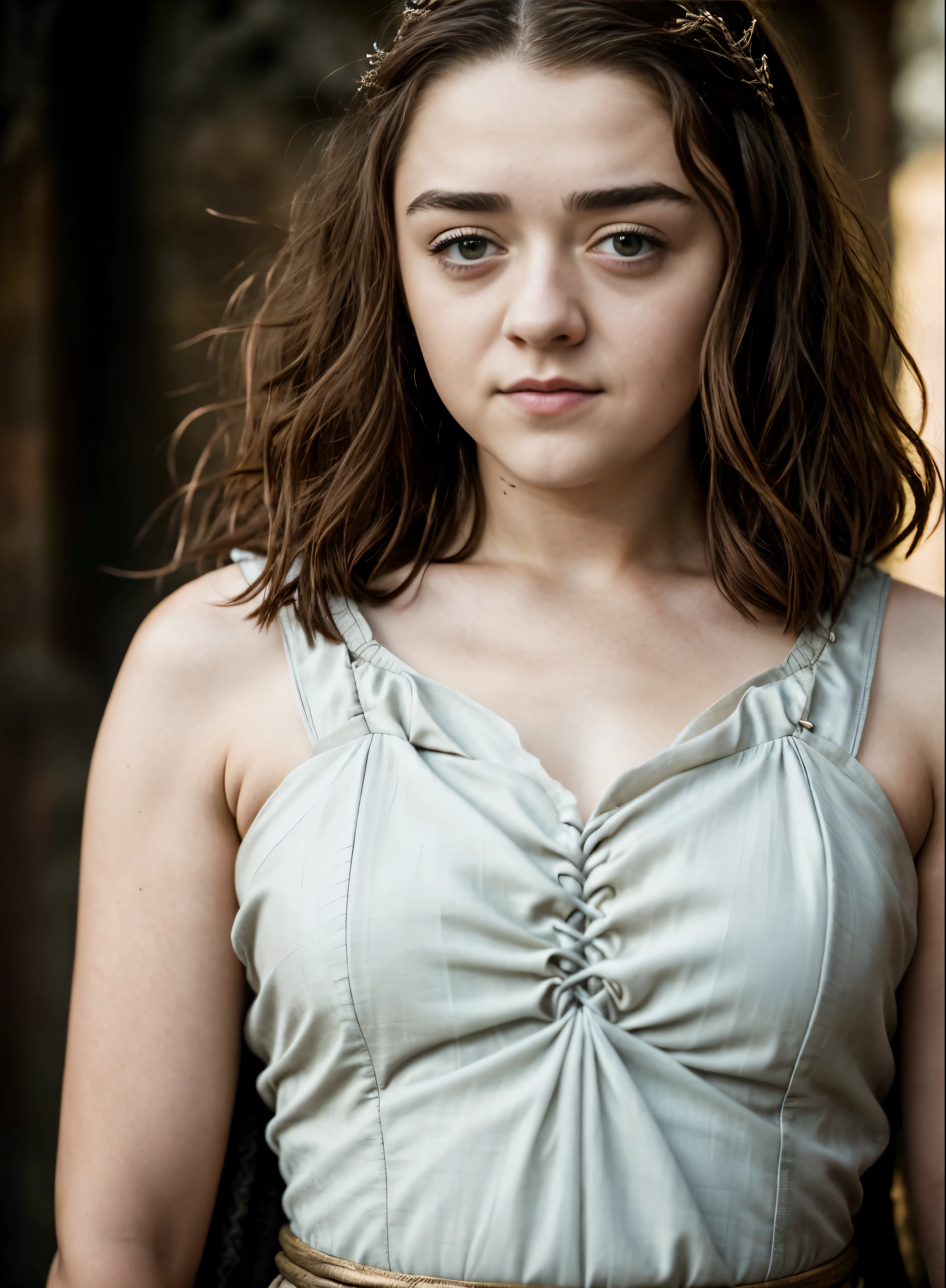 Foto RAW, RAW photograph of Maisie Williams, Arya Stark, Extremely gorgeous lady, Arya Stark PLAYED BY MAISIE WILLIAMS, Queen Arya Stark, she  a mature woman now, milf, sexy mediaeval battle dress, gladiator woman, body, 40 years old Woman, body revealing costumes, perky breast, skin pores, big natural breast, erotic costumes, lusty physique, seductive figure can capture every people's attention, Game of thrones costumes, revealing captivating figure, Mediaeval costumes, revealing clothes, A tomboy, she would rather fence than dance, warrior queen , game of thrones screen caps, Game of Thrones Series, (pele altamente detalhada: 1.2), 8k UHD, DSLR, soft-lighting, alta qualidade, grain of film, Fujifilm XT3, flawless picture, highly detailed, detailed Beauty, intricate, 32k, sharp picture,