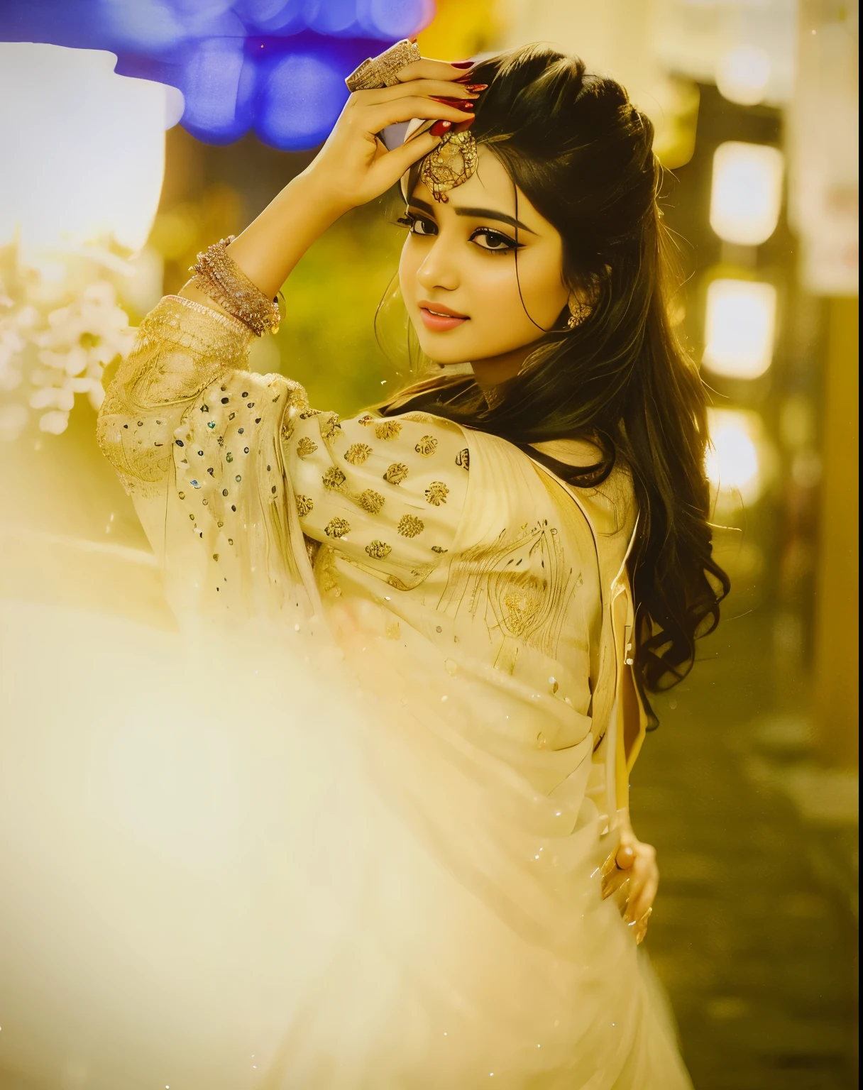 (((desi girl))), chubby face, natural skin, wearing hot deep neck top and dupatta, charming black hair, ((hair ends are blonde)), city streets background, bokeh