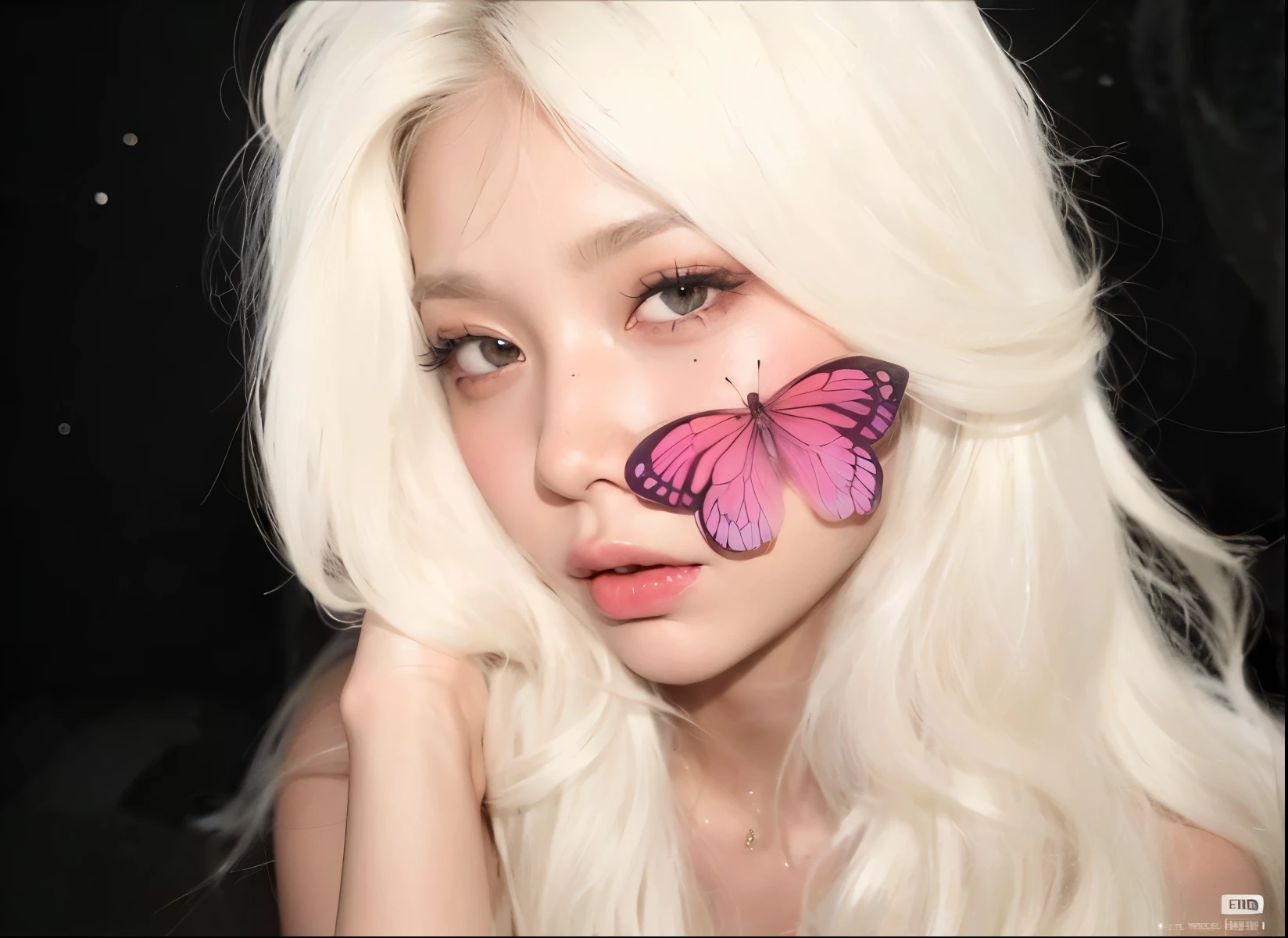 blond woman with mariposa on her nose and white hair, ava max, piel blanca de porcelana, kim taejin, fairy core, her face looks like an orchid, mariposa, cute aesthetic with flutter, cara rosada, mirada de hada, bella delfina, por Ayami Kojima, hada ellie bamber, steven jung, cara blanca de porcelana, cl