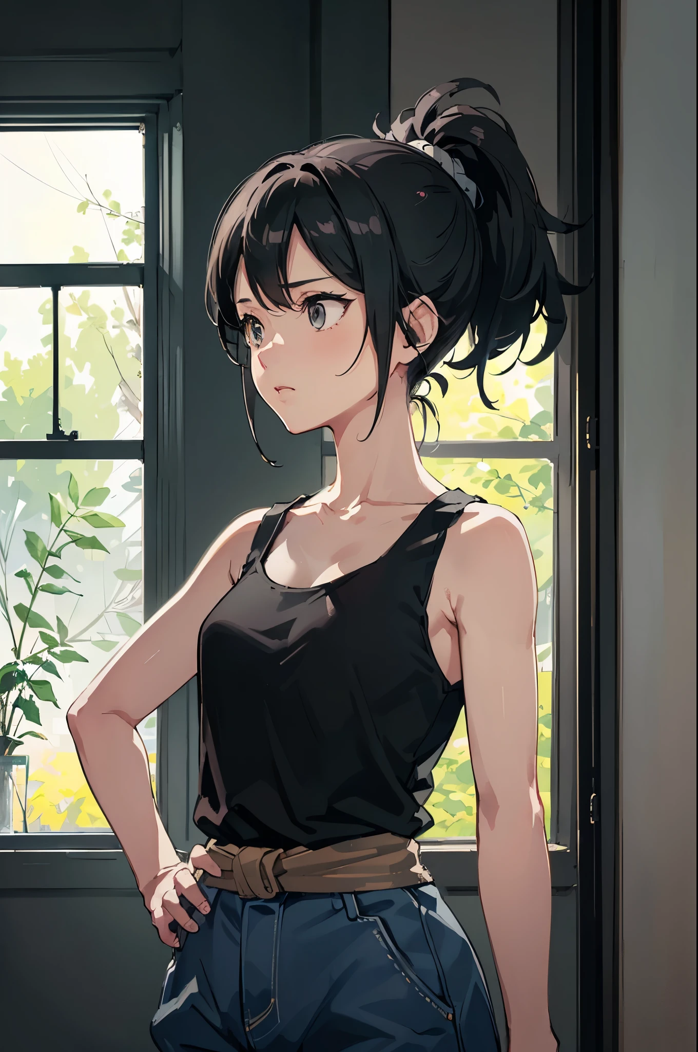 chell, ponytail, tank top, clothes around waist, bright morning sunlight shining through window (zrpgstyle) (masterpiece:1.2) (illustration:1.2) (best quality:1.2) (detailed) (intricate) (8k) (HDR) (cinematic lighting) (sharp focus), Masterpiece, high resolution, with anime style beautiful women, RTX, amazing anime illustration, impressive lighting, fantastic, dangerous, monstrous, dynamic pose
