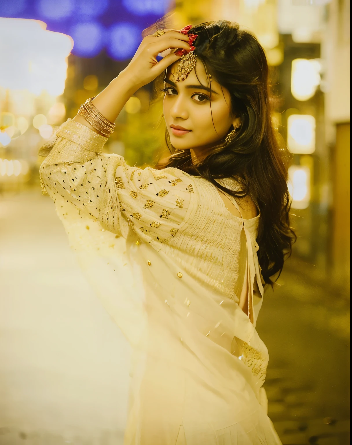 (((desi girl))), chubby face, natural skin, wearing hot deep neck top and dupatta, charming black hair, ((hair ends are blonde)), city streets background, bokeh