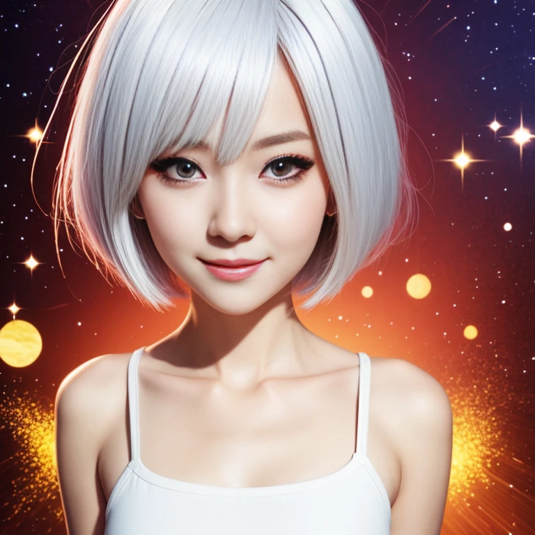 Alice, anime art style, 1girl, solo, olhando_at_Viewer, Smile, short_Hair, Open_mouth, Eye, Eye, higher_body, White_Hair,