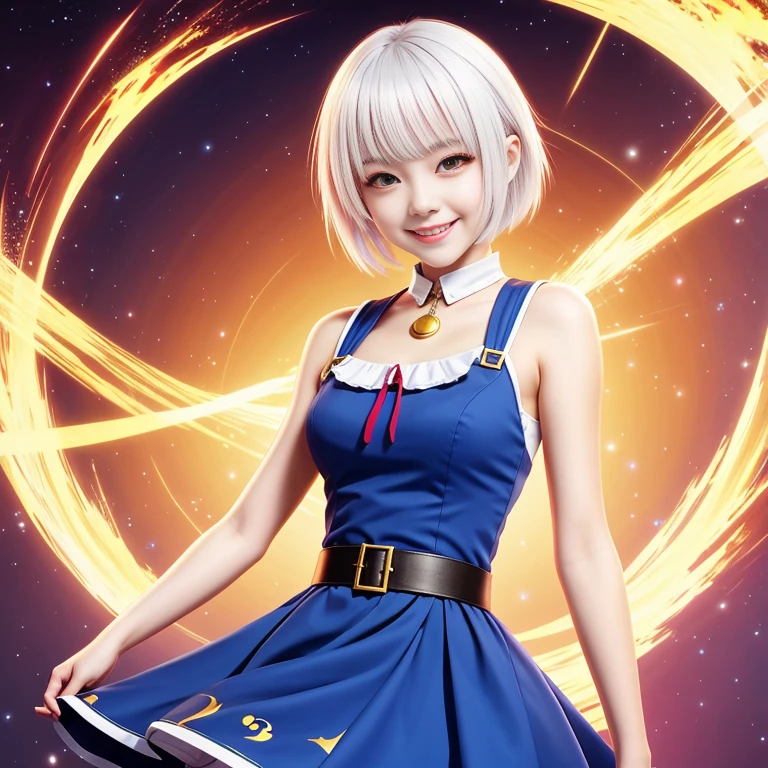 Alice, anime art style, 1girl, solo, olhando_at_Viewer, Smile, short_Hair, Open_mouth, Eye, Eye, higher_body, White_Hair,