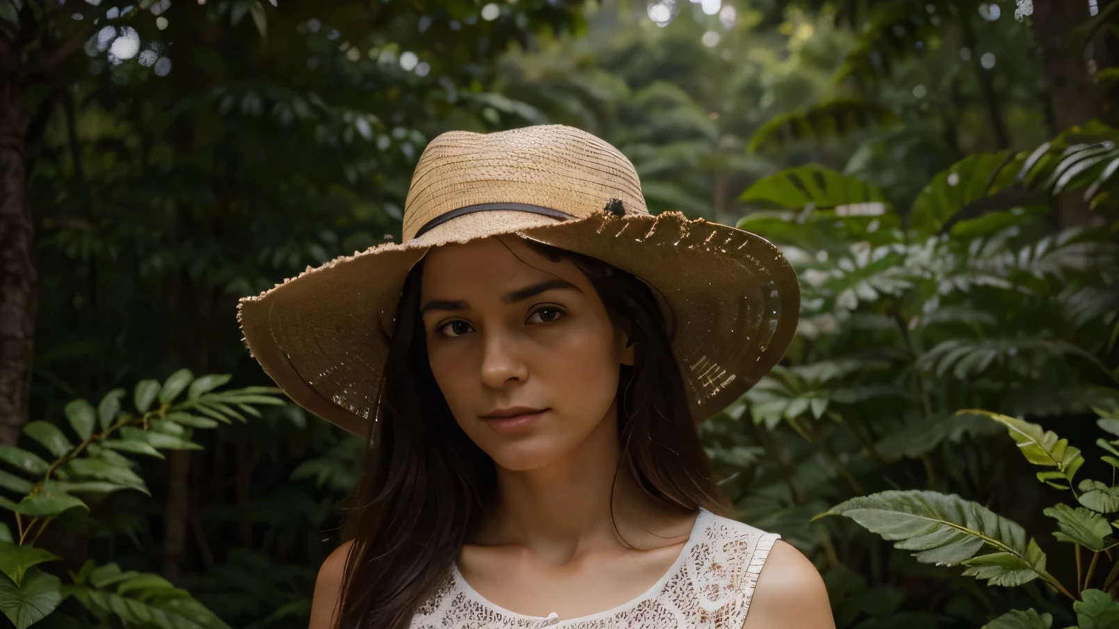 UMA MULHER MUITO RURAL NO CANTO DA IMAGEM, I am not&#39;I DON&#39;T WANT HER IN THE MIDDLE, WITH A HAT IN THE FOREST, QUERO PLANTAS MEDICINAIS EM DESTAQUE.