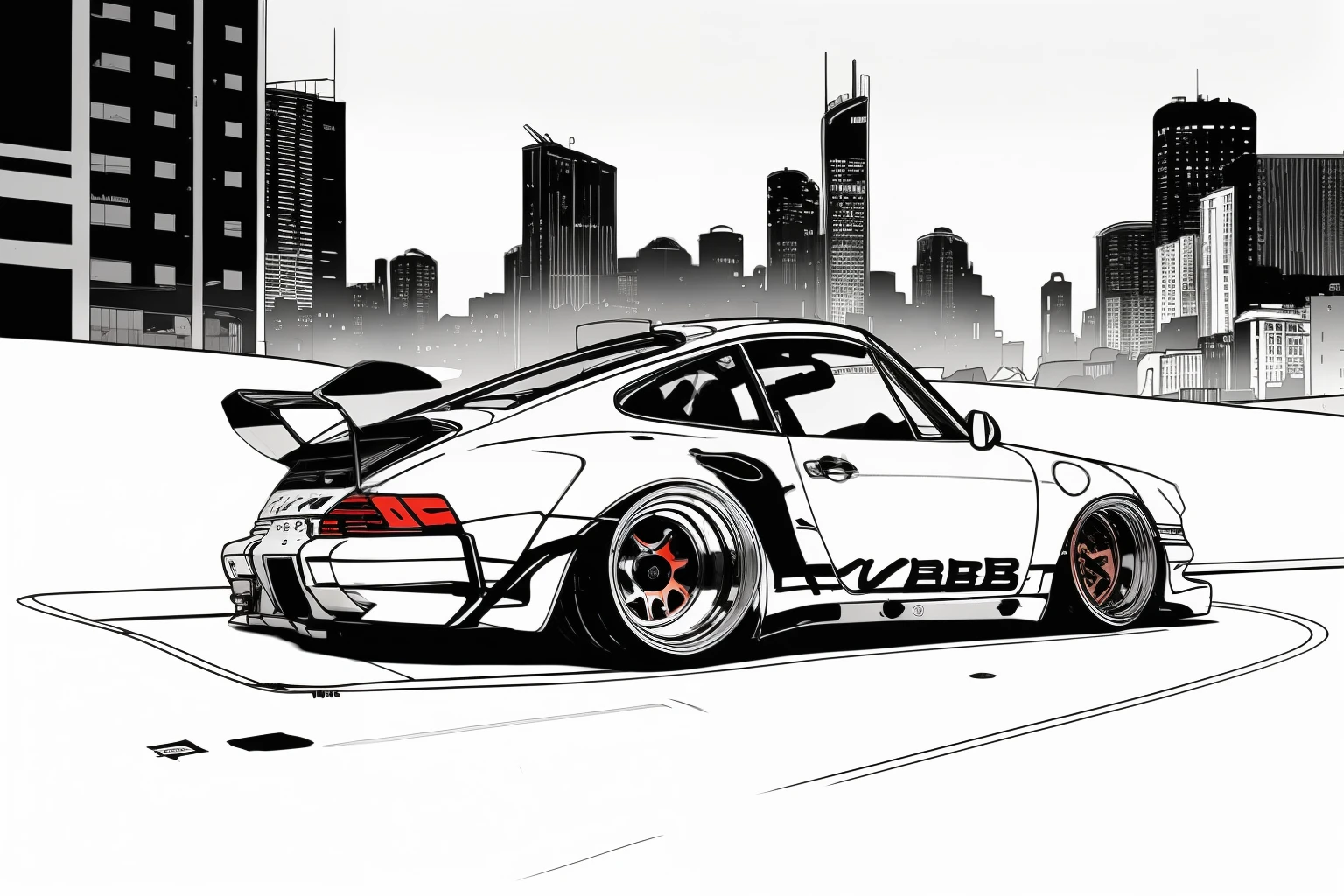 nvinkpunk, painting of a city with a Porsche 911 rwb rotting,wide bodykit, large wheels, high quality,