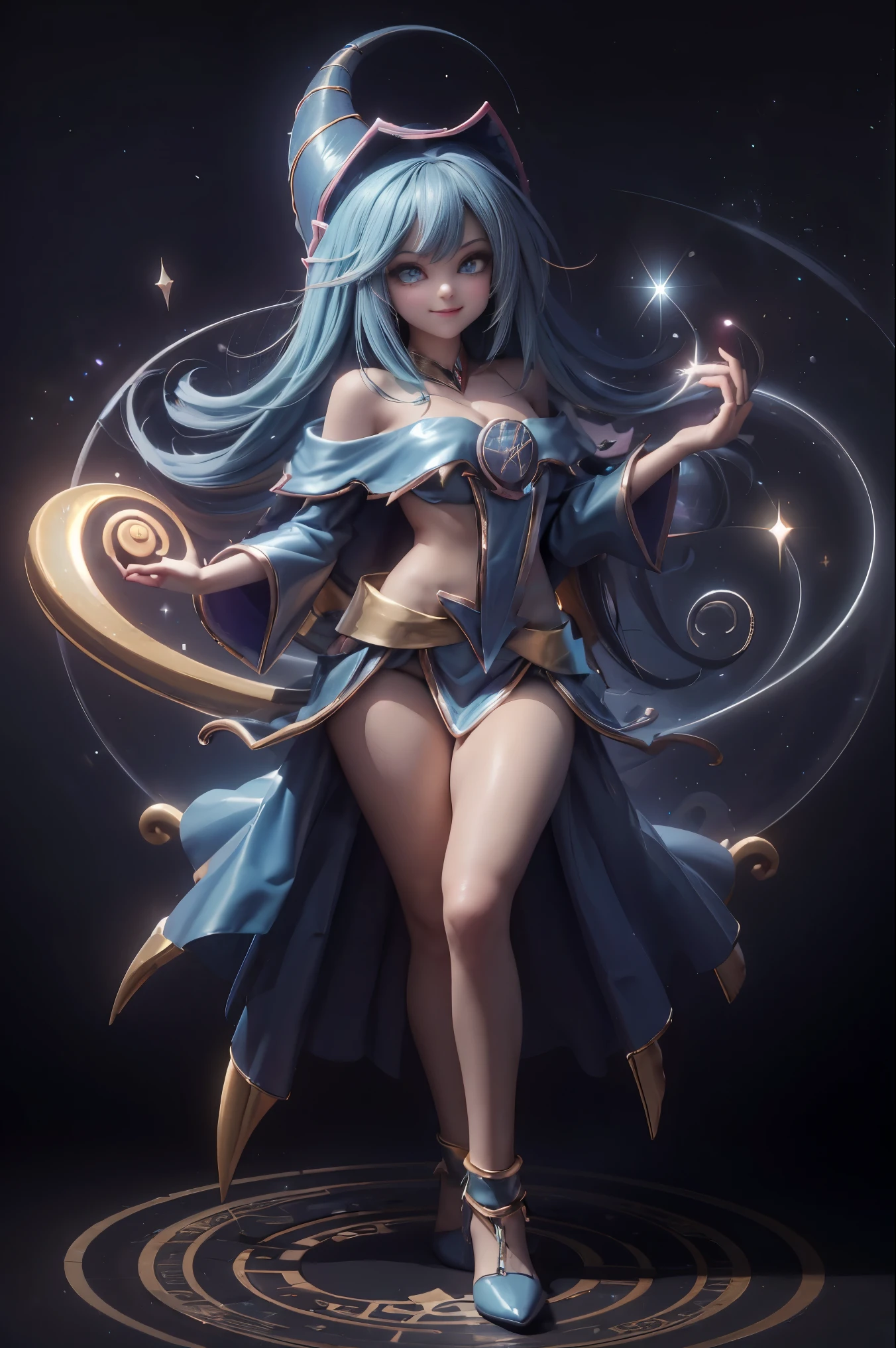 Dark magician gils en el aire, she comes out of a magic circle of heart. Magic hearts background. Sonrisa en sus labios. Ojos celestes. Cabello dorado. Pose sensual. Levitando en una pie. Tiene tacones. Usa tacones azules y dorados 