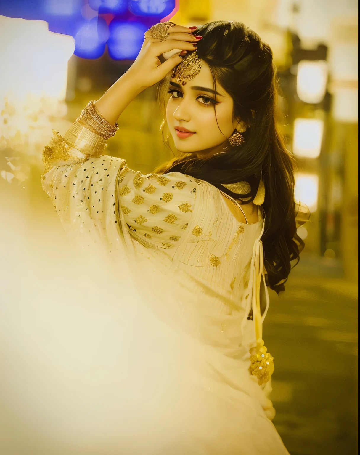 (((desi girl))), chubby face, natural skin, wearing hot deep neck top and dupatta, charming black hair, ((hair ends are blonde)), city streets background, bokeh