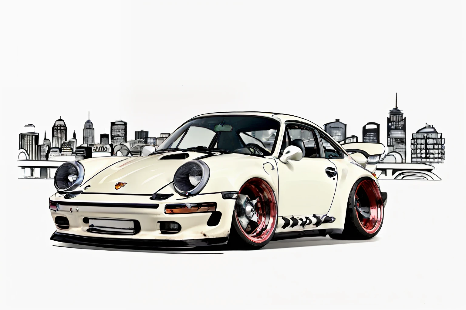 nvinkpunk, painting of a city with a Porsche 911 rwb rotting,wide bodykit, large wheels, high quality,