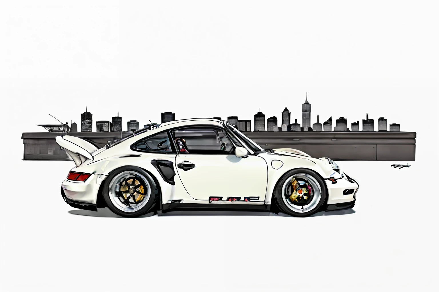 nvinkpunk, painting of a city with a Porsche 911 rwb rotting,wide bodykit, large wheels, high quality,