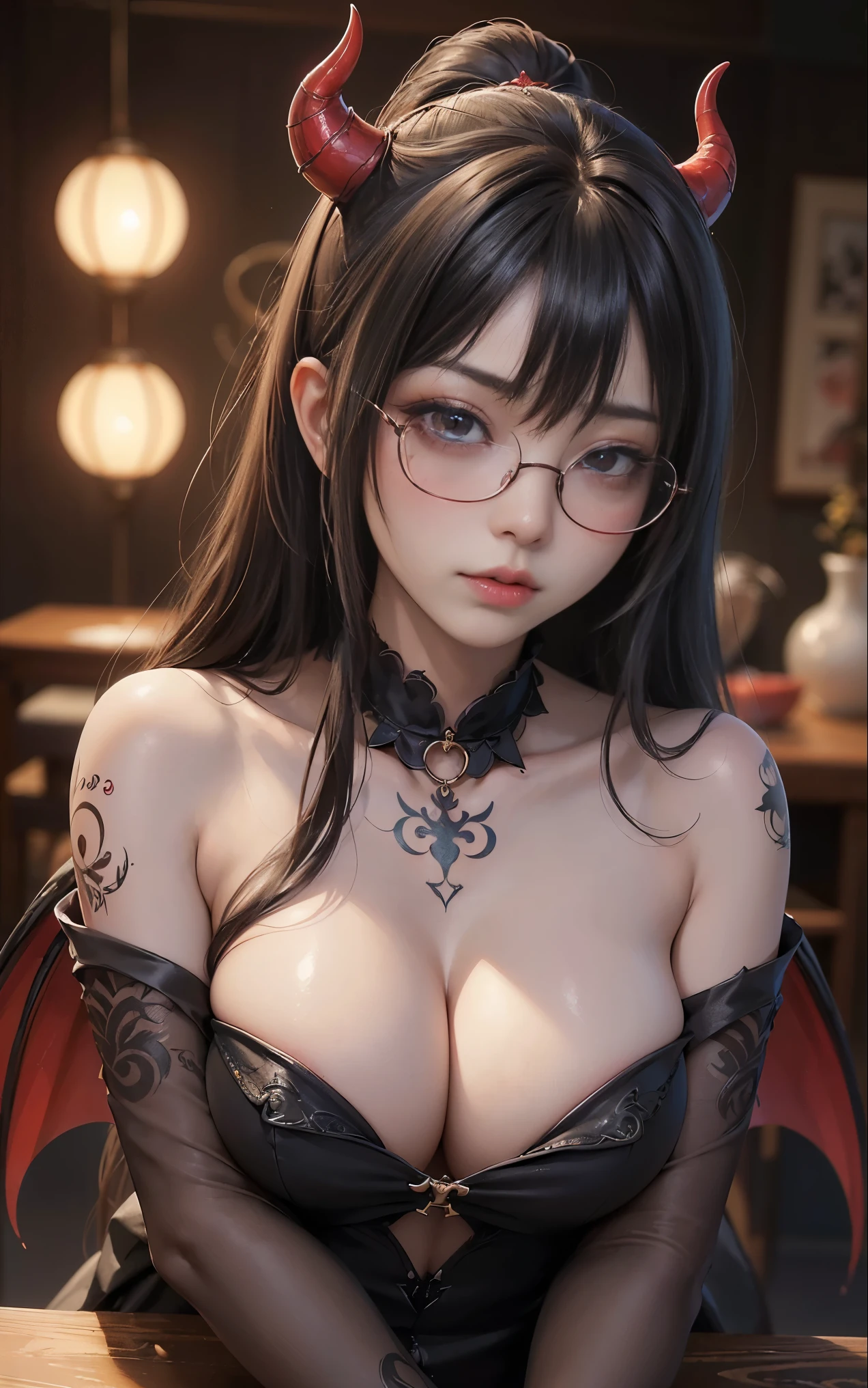 OKですかですか、(best illustrations)、8k UHD resolution、intricate details、highest quality、realistic、Super detailed、best lighting、best shadows、soft lighting、Ultra HD、超realistic、Tyndall effect、Photoreal、(high detail skin:1.2)、 (intricate details, compensate, face to face with the children_v1:0.5), (OK, beautiful and delicate face, OKですか, beautiful and delicate eyes, perfectly proportioned face, high resolution skins, fine skin, Optimal ratio of 4 fingers and 1 thumb, arm under chest, red tattoo on lower abdomen、Wow wow, wide hips, smooth abdomen, thin and thin skin, __fashion__, __hair__:1.25)、Digital single-lens reflex camera、 absurd、(table top: 1.3), (maximum resolution: 1.2), (Ultra HDTV: 1.2), cinematic light, fine eyes and skin, detailed facial features, , (sharp focus: 1.2), (focus on the face:1.2),perfect style, beautiful face, acura, anatomically correct, Highly detailed face and skin texture, fine eyes, double eyelid, thin eyebrows, glitter eyeliner: 1 natural cheeks, Glossy skin, Fair skin: 1.2, (glossy lips: 1.4),(embarrassed look: 1.2),Highly detailed face and skin texture, fine eyes, double eyelid, natural cheeks, glossy lips: 1.4,exposed cleavage、Bewitching。charm、 Beautiful devil woman from hell, Surreal female portraits by David Hockney and Alphonse Mucha, charm女性の肖像画、fantasy art, Chinese humanoid、chinese actress、dungeon、dragon、devil'palace of、devil'torture chamber、night、dark style 、in the dark、(detailed spooky background:0.8), magic、 1 girl、evil nun、dark necromancer、Succubus、devil'Daughter of、Shinonome Umi、bat wings,(((devil'Horn)))、 ((((giant glasses, otaku glasses, thick glasses, round glasses)))),(((big breasts)))、(devil'Tail)、(red eyesは光り輝いて:1.6)、red eyesは非常に鮮明で詳細です, your eyes are made up so beautifully, ((red eyes:1.0)),intricate tattoo, demonic intricate tattoo, tattoo on thigh, body tattoo, masterpiece、最もbeautiful face、baby face、cute smile、beautiful plump red lips、筋肉のcharm体、devilのcharm体、devil style、charmブラックマジックコスチューム、The long-haired、Braid、Black hair、Ponytail distortion、, Ponytail with a bow tied at the back of the hair, beautiful expression、body up、big breasts強調、bust, super tight chest, Breast augmentation surgery, Breasts are very big and round,tight waist、wide ass、 secret key, cowboy lens, (black phoenix dress: 1.0), devil crown, red sparkling gemstone necklace、Jewelry G Wise, Please wear black mesh socks,Wear light red、nffsw, nffsw, meet beautiful girls, look at the girl'body of,
