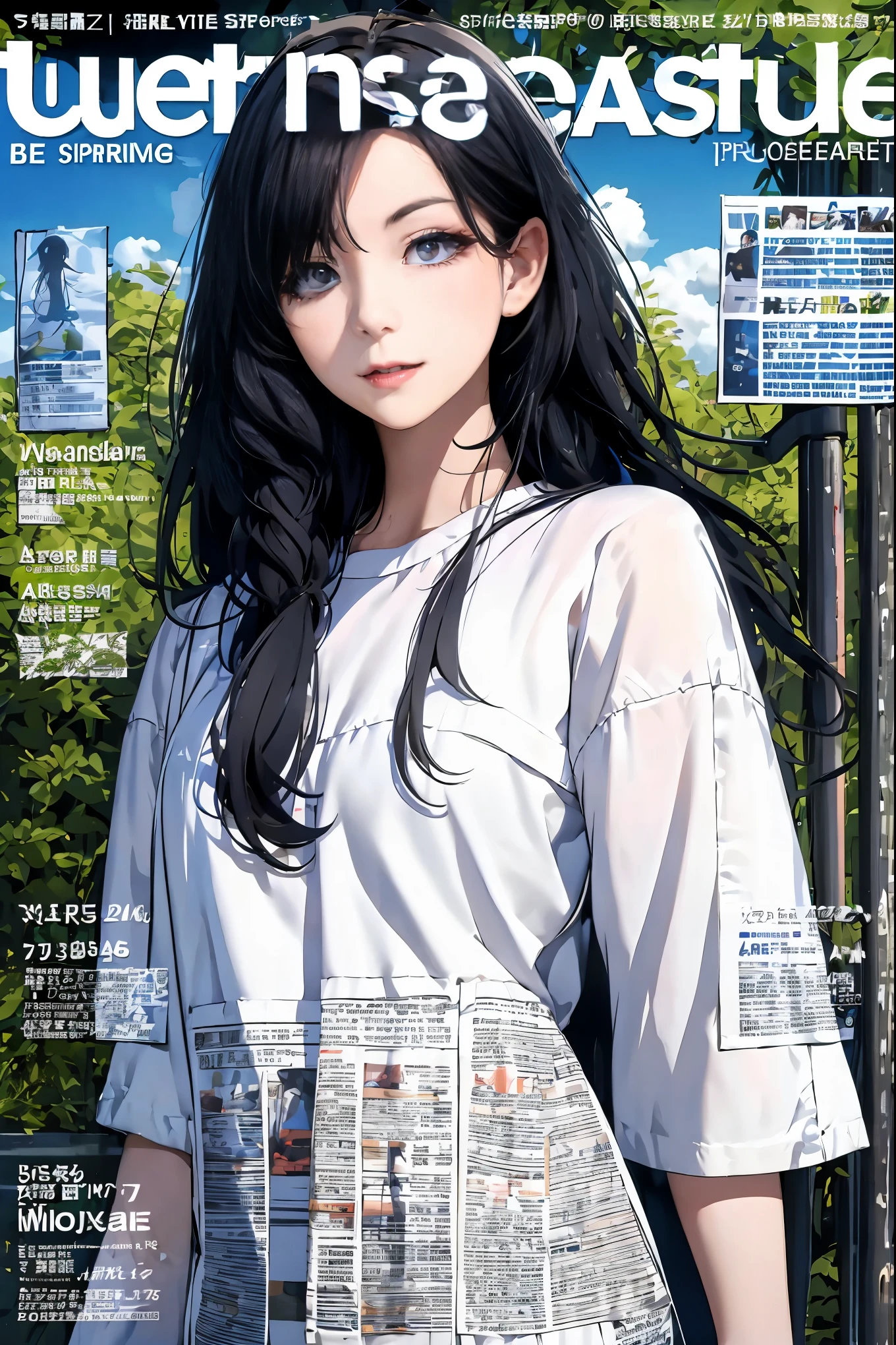 masterpiece, best quality, spring clothing, Beautiful woman with long black hair,((blue eyes)), outdoor, magazine cover ,Upper body,