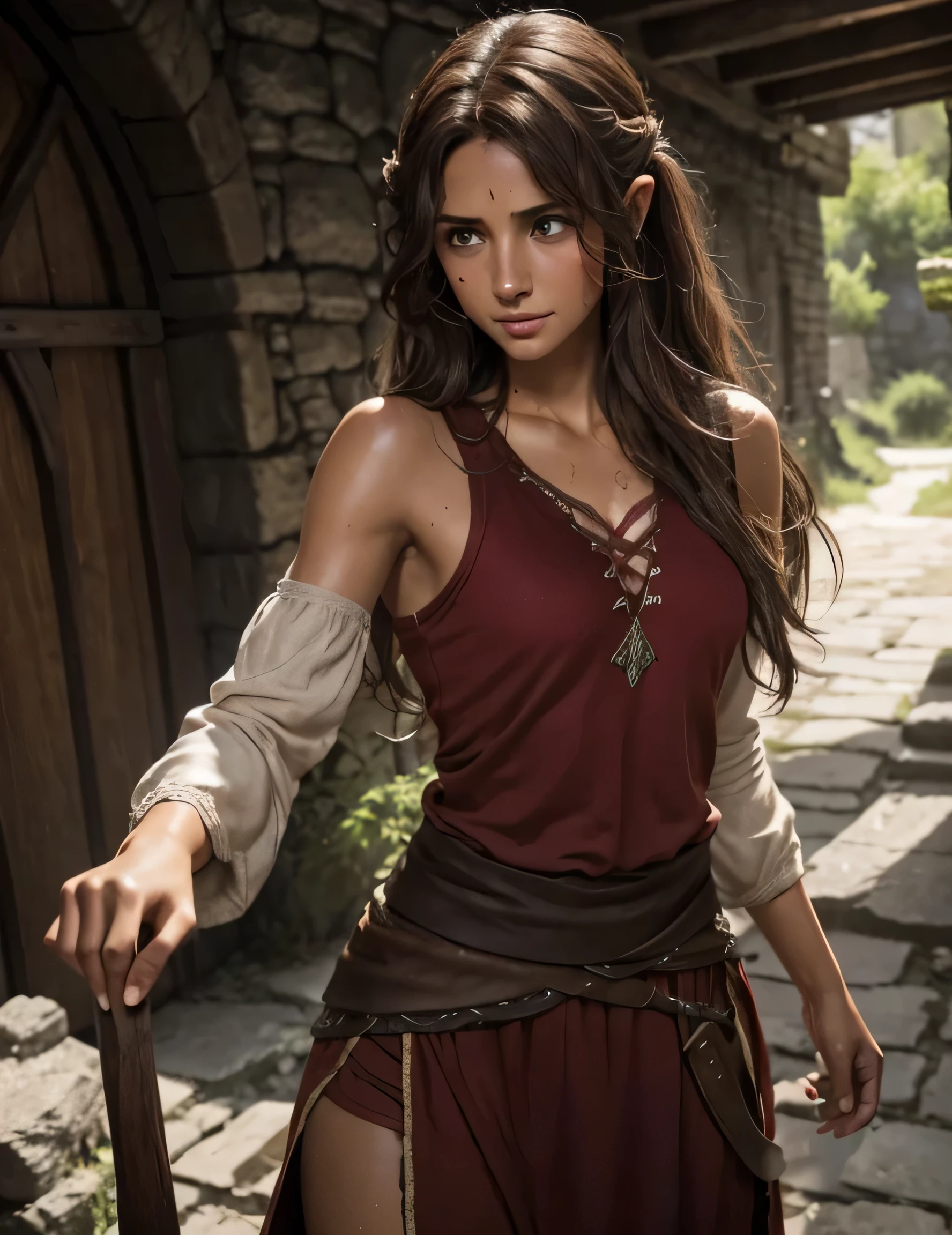 personagem de RPG, dungeons and dragons style, Lord of the Rings Style, medieval, human female, Pessoa pobre, 24 anos de idade, (cabelo castanho, Messy hair, Hair on the neck), olhos castanhos, nariz pequeno, (pele bronzeada, pele suada), Happy expression, olhar feliz, Seios pequenos, Wearing Dance Clothes, roupas vermelhas e brancas