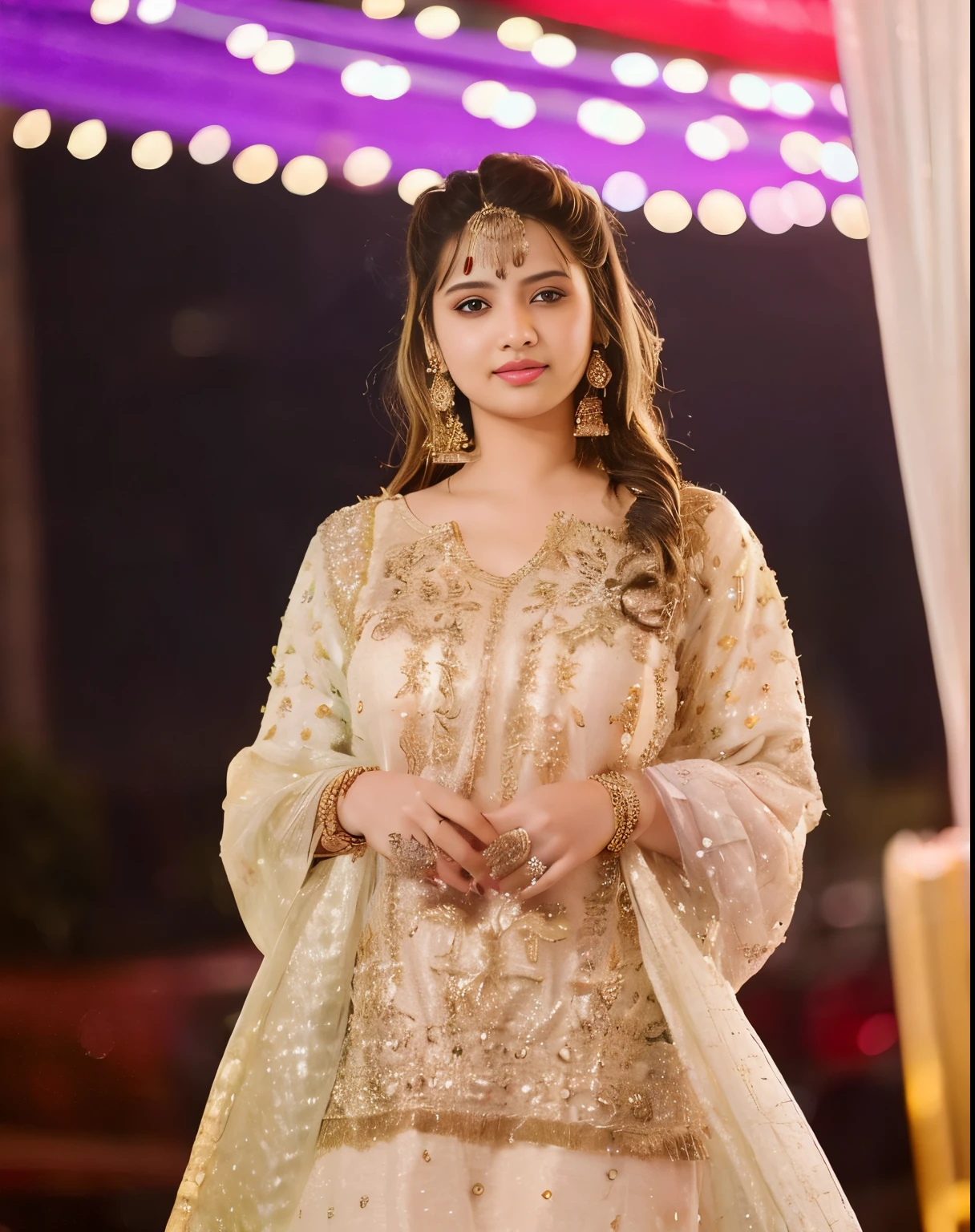 (((desi girl))), chubby face, natural skin, wearing hot deep neck top and dupatta, charming black hair, ((hair ends are blonde)), city streets background, bokeh