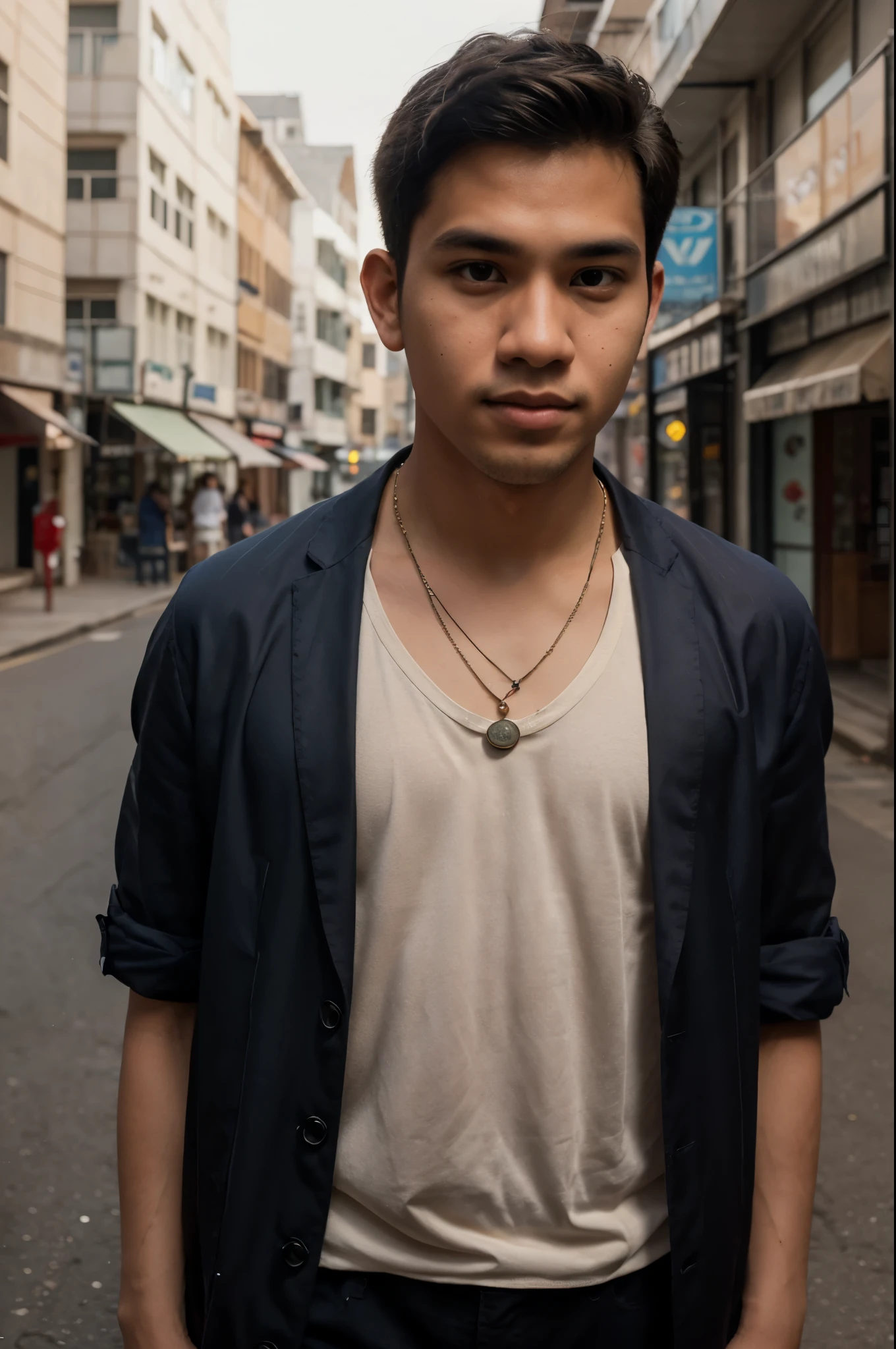 there is a young man standing in a street with a necklace on, with accurate face, potrait, ayan nag, portrait shot 8 k, ramil sunga, south east asian with round face, protrait, mid shot portrait, portait photo profile picture, ismail, facebook profile picture, portait image, full protrait, wide - angle portrait