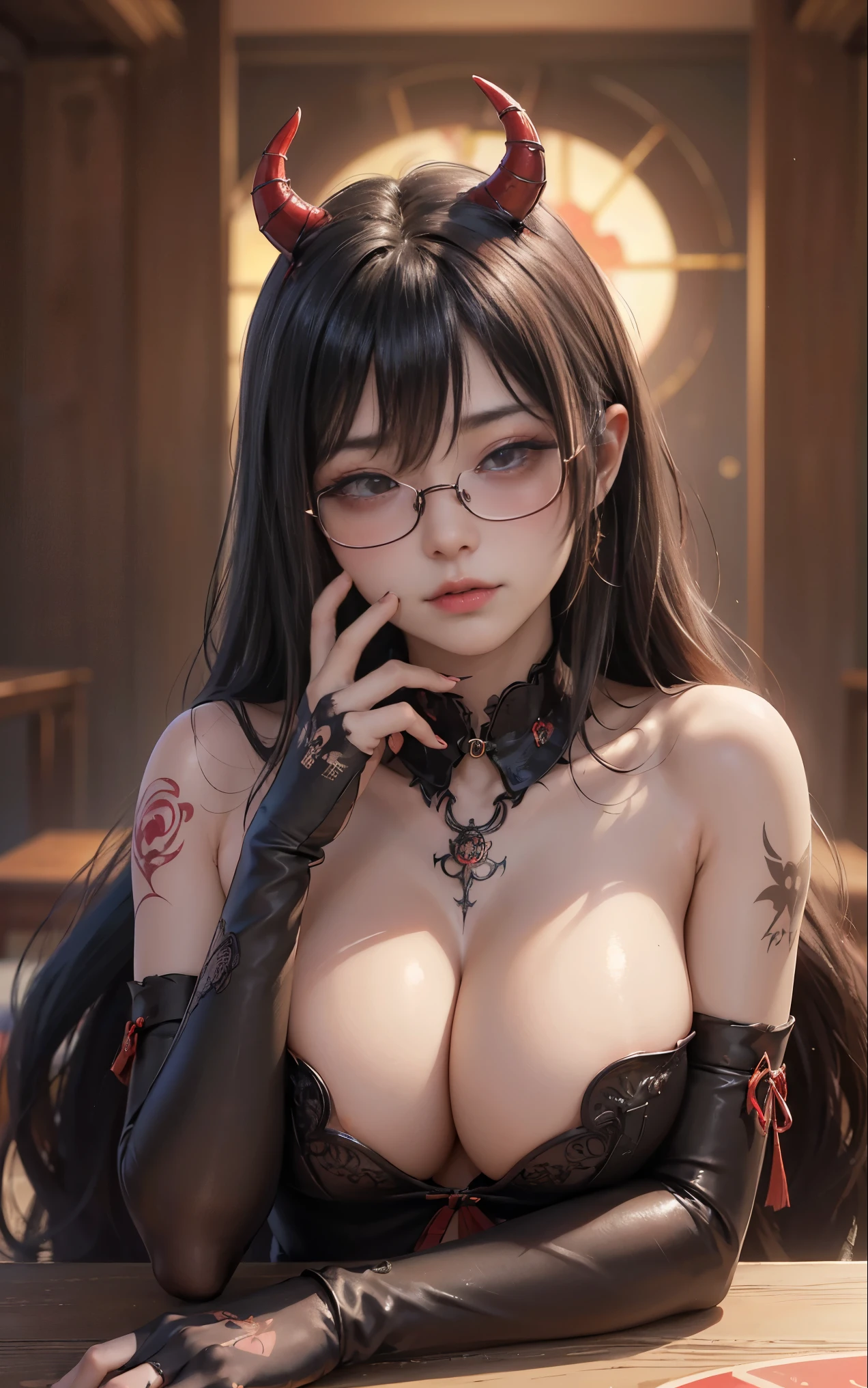 OKですかですか、(best illustrations)、8k UHD resolution、intricate details、highest quality、realistic、Super detailed、best lighting、best shadows、soft lighting、Ultra HD、超realistic、Tyndall effect、Photoreal、(high detail skin:1.2)、 (intricate details, compensate, face to face with the children_v1:0.5), (OK, beautiful and delicate face, OKですか, beautiful and delicate eyes, perfectly proportioned face, high resolution skins, fine skin, Optimal ratio of 4 fingers and 1 thumb, arm under chest, red tattoo on lower abdomen、Wow wow, wide hips, smooth abdomen, thin and thin skin, __fashion__, __hair__:1.25)、Digital single-lens reflex camera、 absurd、(table top: 1.3), (maximum resolution: 1.2), (Ultra HDTV: 1.2), cinematic light, fine eyes and skin, detailed facial features, , (sharp focus: 1.2), (focus on the face:1.2),perfect style, beautiful face, acura, anatomically correct, Highly detailed face and skin texture, fine eyes, double eyelid, thin eyebrows, glitter eyeliner: 1 natural cheeks, Glossy skin, Fair skin: 1.2, (glossy lips: 1.4),(embarrassed look: 1.2),Highly detailed face and skin texture, fine eyes, double eyelid, natural cheeks, glossy lips: 1.4,exposed cleavage、Bewitching。charm、 Beautiful devil woman from hell, Surreal female portraits by David Hockney and Alphonse Mucha, charm女性の肖像画、fantasy art, Chinese humanoid、chinese actress、dungeon、dragon、devil'palace of、devil'torture chamber、night、dark style 、in the dark、(detailed spooky background:0.8), magic、 1 girl、evil nun、dark necromancer、Succubus、devil'Daughter of、Shinonome Umi、bat wings,(((devil'Horn)))、 ((((giant glasses, otaku glasses, thick glasses, round glasses)))),(((big breasts)))、(devil'Tail)、(red eyesは光り輝いて:1.6)、red eyesは非常に鮮明で詳細です, your eyes are made up so beautifully, ((red eyes:1.0)),intricate tattoo, demonic intricate tattoo, tattoo on thigh, body tattoo, masterpiece、最もbeautiful face、baby face、cute smile、beautiful plump red lips、筋肉のcharm体、devilのcharm体、devil style、charmブラックマジックコスチューム、The long-haired、Braid、Black hair、Ponytail distortion、, Ponytail with a bow tied at the back of the hair, beautiful expression、body up、big breasts強調、bust, super tight chest, Breast augmentation surgery, Breasts are very big and round,tight waist、wide ass、 secret key, cowboy lens, (black phoenix dress: 1.0), devil crown, red sparkling gemstone necklace、Jewelry G Wise, Please wear black mesh socks,Wear light red、nffsw, nffsw, meet beautiful girls, look at the girl'body of,