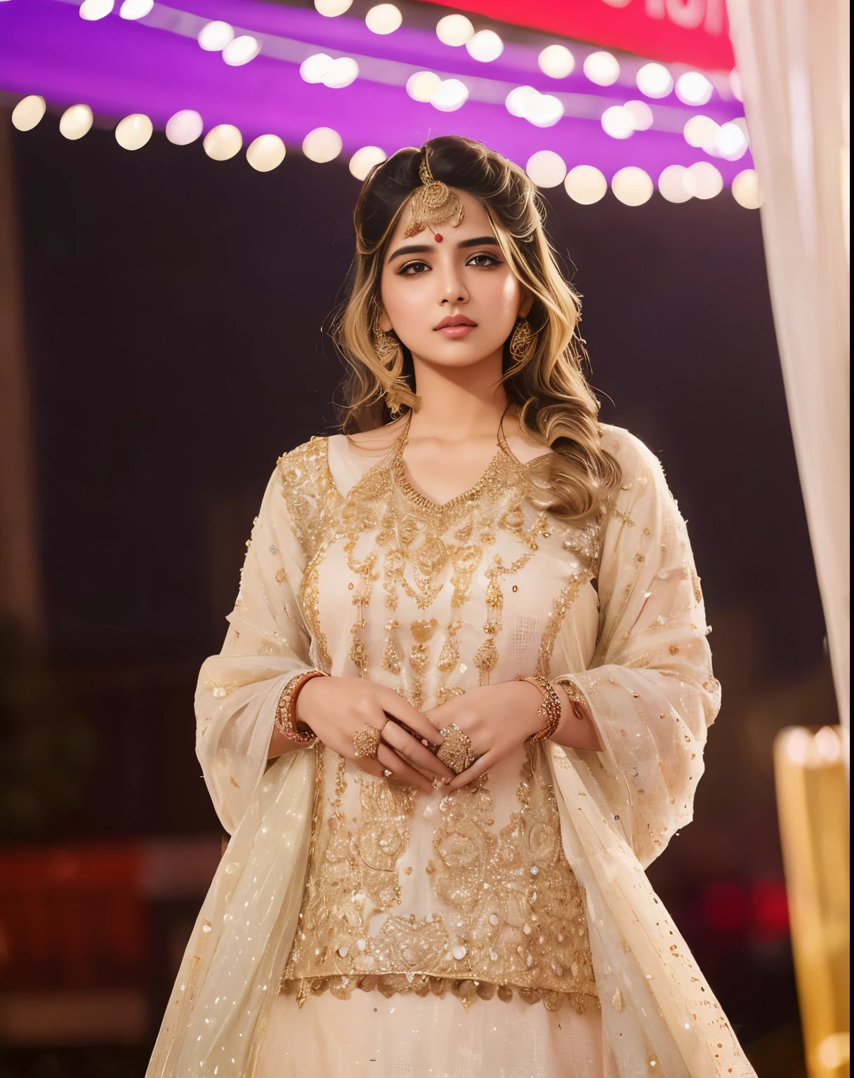 (((desi girl))), chubby face, natural skin, wearing hot deep neck top and dupatta, charming black hair, ((hair ends are blonde)), city streets background, bokeh