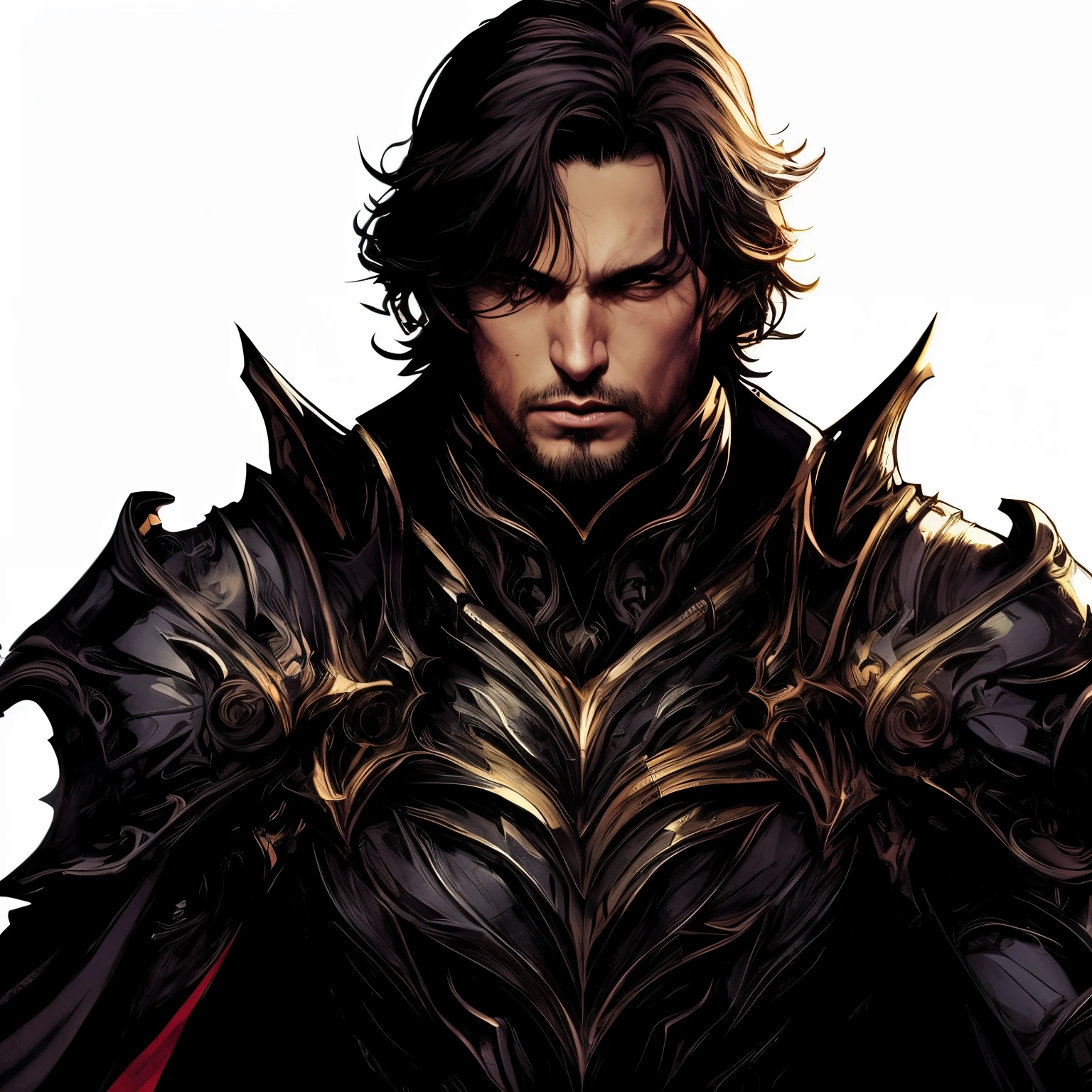 Un primer plano de un hombre con armad, A male human paladin, picture of a male cleric, Arsen Lupine as a paladin, male paladin, Estilo de Raymond Swanland, epic exquisite character art, Pablo Atreides, Arte Casimiro, Corvo Attano, Impresionante arte de personajes, Personaje masculino, inspirado por Raymond Swanland