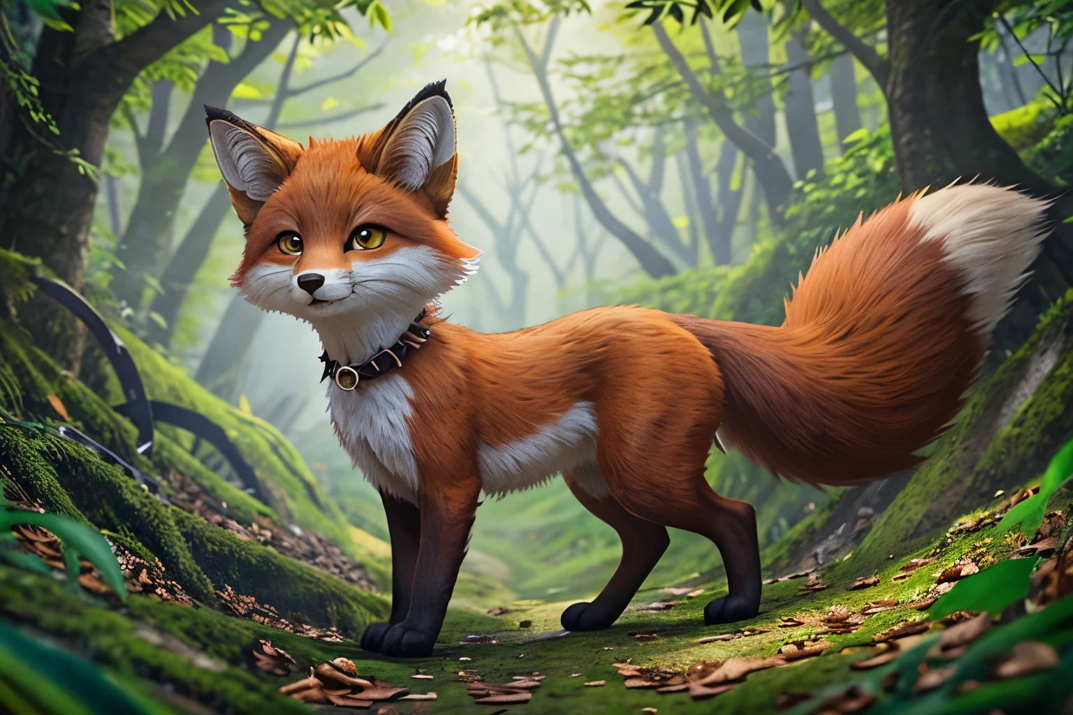 Small fox ,vixen, chibi:0.4, open mouth,nacklace made of leaves,vivid green eye:0.5, fluffy fox tail,higly details,by kenket:0.6,by hioshiru:0.3, by pixelsketcher: 0.4,forest background,stable diffusion background, feral:0.4,hyper realistic fur,breathtaking, masterpiece ,oil painted ,thin waist,cheeks pink blush,nijijuorney art style:0.5,small fangs,vivid fox fur colors,dark fox colors,photo realistic 