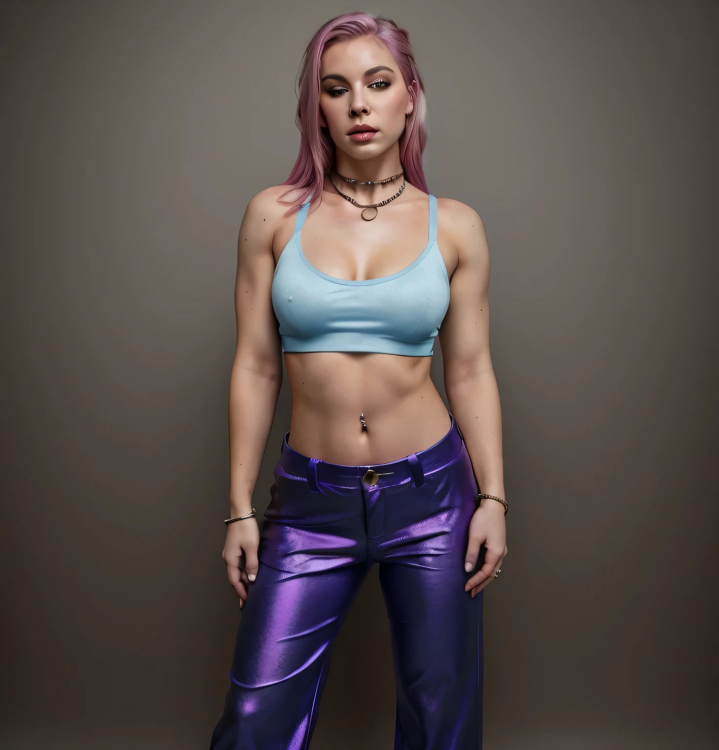 ((masterpiece, best quality)), woman wrestler with pink hair and blue shiny baggy pants with metal chain on them posing for a picture, white cloth cutoff shirt with black leather bra, plastic purple bracelet silver necklace metal ,beautiful face with red lipstick and dark eyes makeup, tinyest midriff ever, fit body, upper body avatar, leeloo outfit, full body female, photo realistic, intricate details