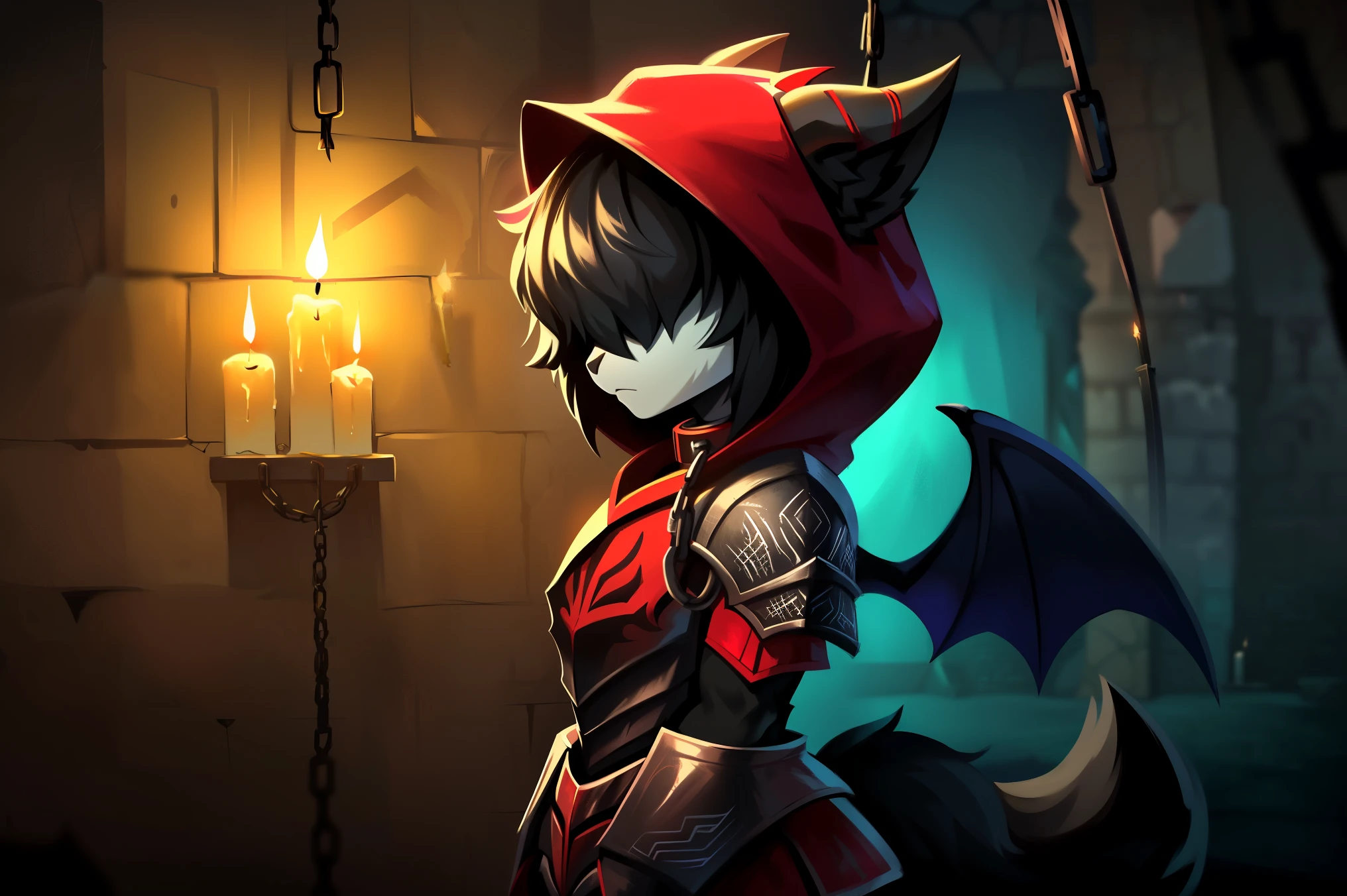 ((fox)), male, feminine body, (solo), fluffy hair, ((hair over eyes), black hair, short hair, twintail hair, ((fluffy body)), black fox tail, black fox ears, ((black devil wings)), ((black devil horns)), ((red infernal armor)), black armor, red runes, (red hood up), spike collar, standing, up close, dark blue atmosphere, ((dark room)), ((dungeon)), chains, candles, demonic sigil, up close, Very good figure, cinematic lighting, volume lighting, masterpiece, super detail, high quality, best quality, highres, 16k