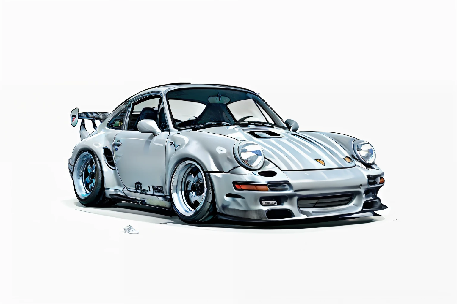 nvinkpunk, painting of a city with a blueish-grey colored Porsche 911 rwb rotting,wide bodykit, large wheels, high quality,