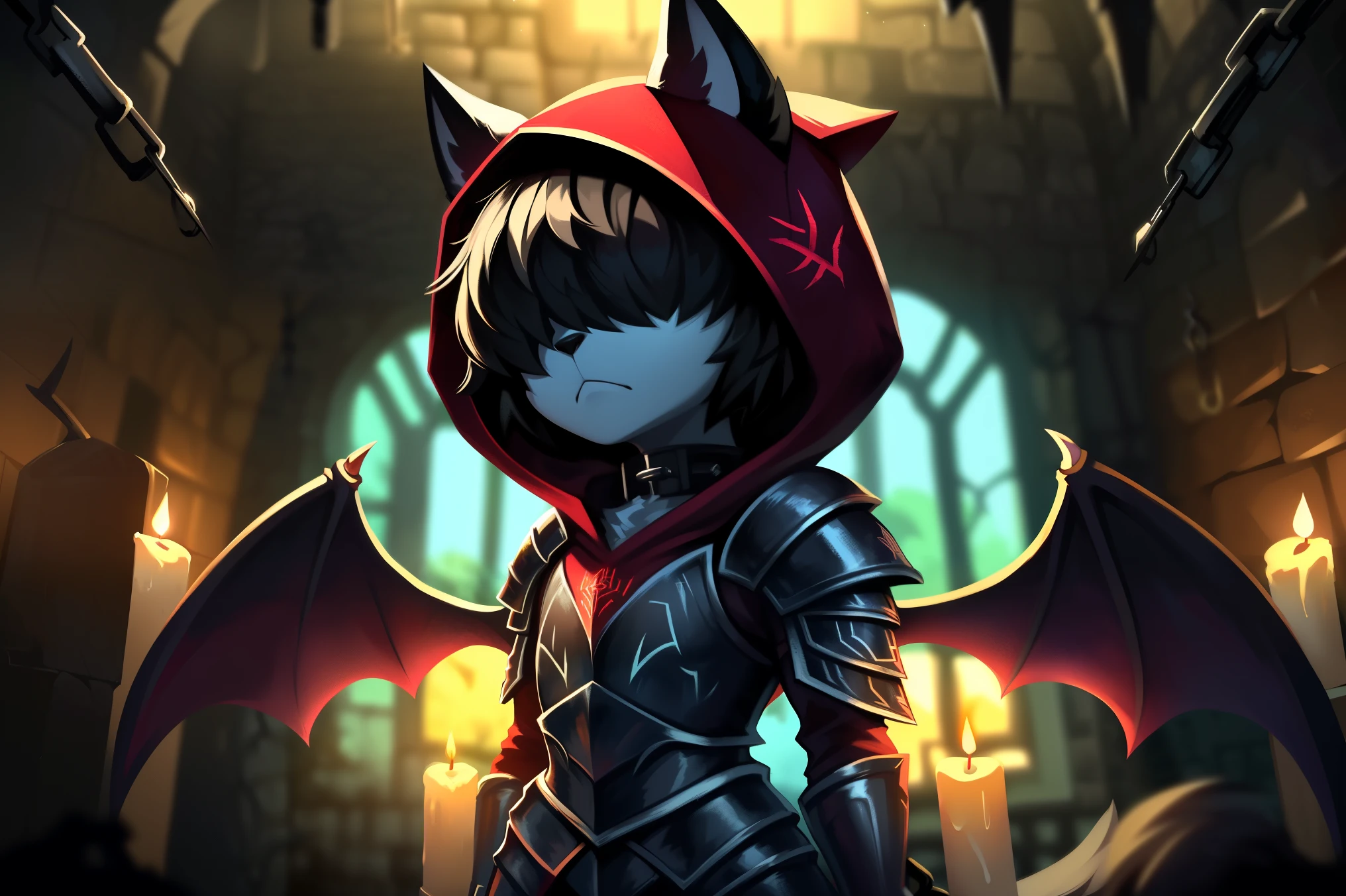 ((fox)), male, feminine body, (solo), fluffy hair, ((hair over eyes), black hair, short hair, twintail hair, ((fluffy body)), black fox tail, black fox ears, ((black devil wings)), ((black devil horns)), ((red infernal armor)), black armor, red runes, (red hood up), spike collar, standing, up close, dark blue atmosphere, ((dark room)), ((dungeon)), chains, candles, demonic sigil, up close, Very good figure, cinematic lighting, volume lighting, masterpiece, super detail, high quality, best quality, highres, 16k