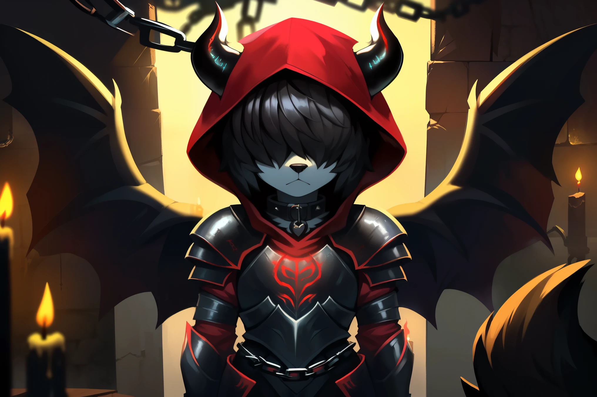 ((fox)), male, feminine body, (solo), fluffy hair, ((hair over eyes), black hair, short hair, twintail hair, ((fluffy body)), black fox tail, black fox ears, ((black devil wings)), ((black devil horns)), ((red infernal armor)), black armor, red runes, (red hood up), spike collar, standing, up close, dark blue atmosphere, ((dark room)), ((dungeon)), chains, candles, demonic sigil, up close, Very good figure, cinematic lighting, volume lighting, masterpiece, super detail, high quality, best quality, highres, 16k