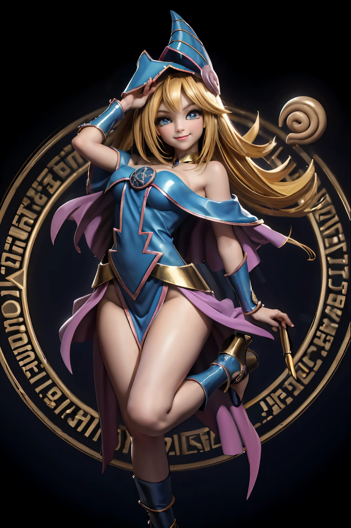 Dark magician gils en el aire, she comes out of a magic circle of heart. Magic hearts background. Sonrisa en sus labios. Ojos celestes. Cabello dorado. Pose sensual. Levitando en una pie. Tiene tacones. Usa tacones azules y dorados . Usa tacones 