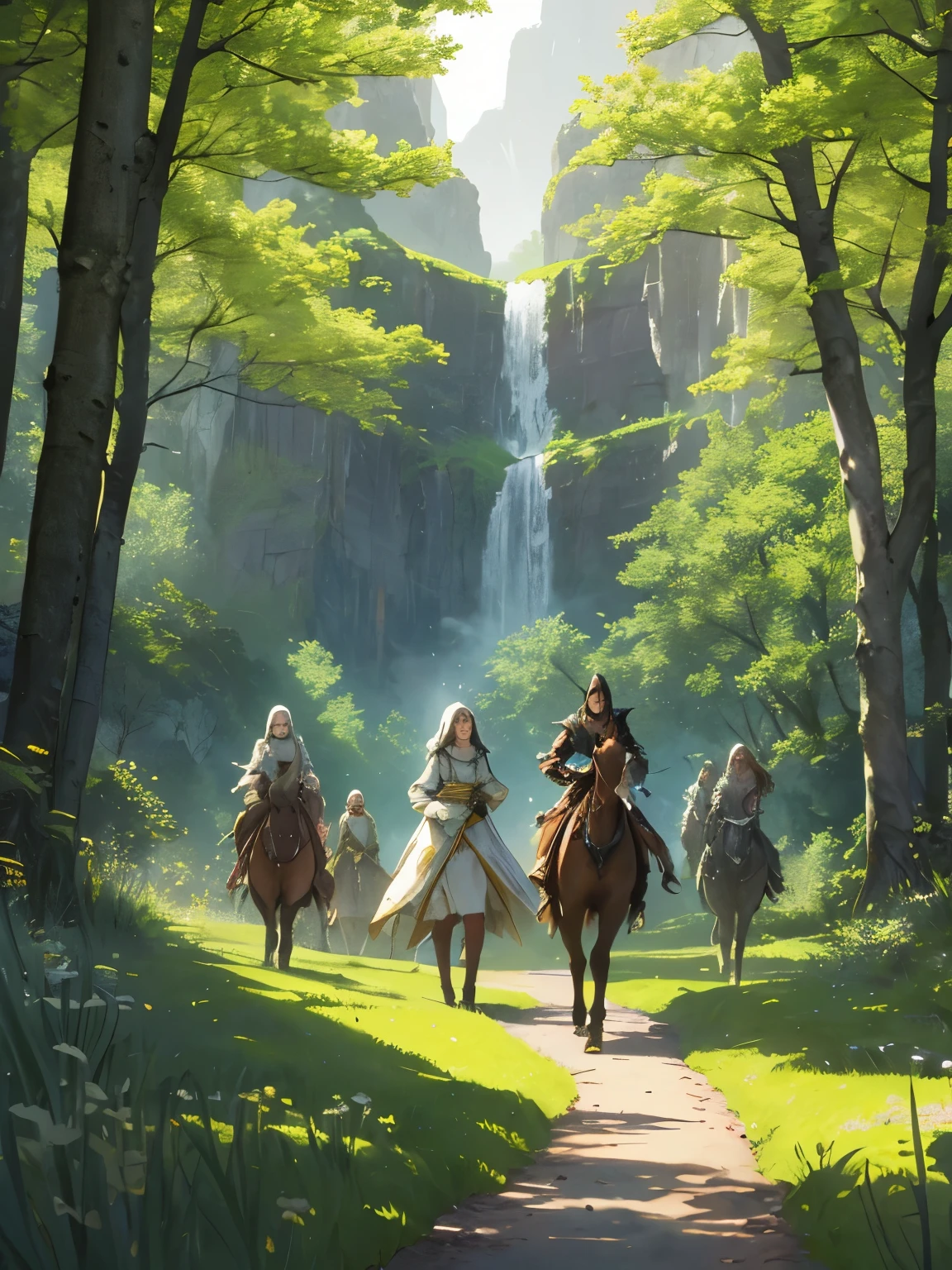 In a green meadow stands a girl leading a group of knights.
BREAK
With a brave expression, she guides them towards their destination.
BREAK
Behind her, a green forest stretches out and beyond that, mountains rise in the distance.
BREAK
The most suitable effect for this scene would be a watercolor painting technique to capture the softness of the meadow and the fluidity of the movement.