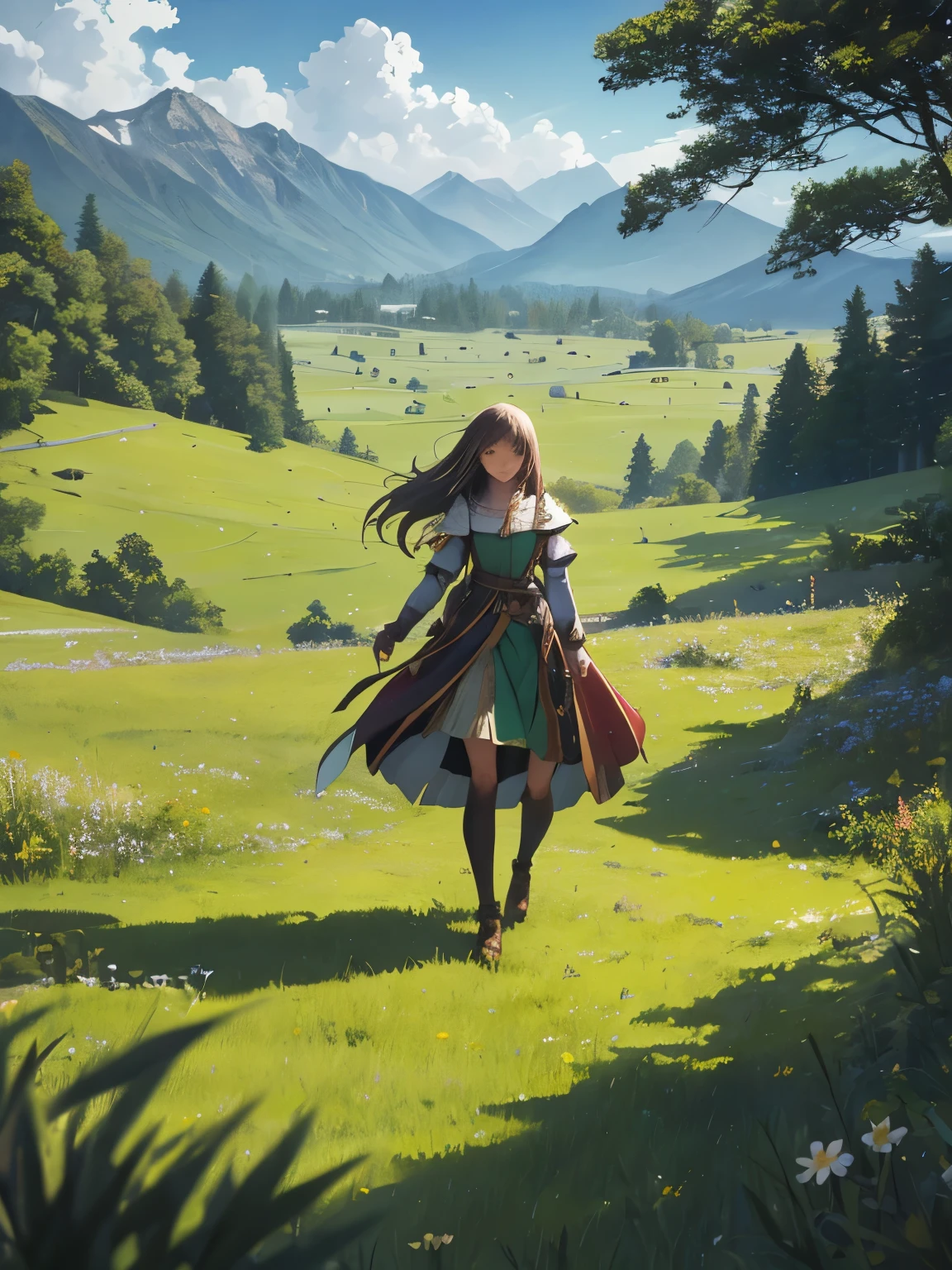 In a green meadow stands a girl leading a group of knights.
BREAK
With a brave expression, she guides them towards their destination.
BREAK
Behind her, a green forest stretches out and beyond that, mountains rise in the distance.
BREAK
The most suitable effect for this scene would be a watercolor painting technique to capture the softness of the meadow and the fluidity of the movement.