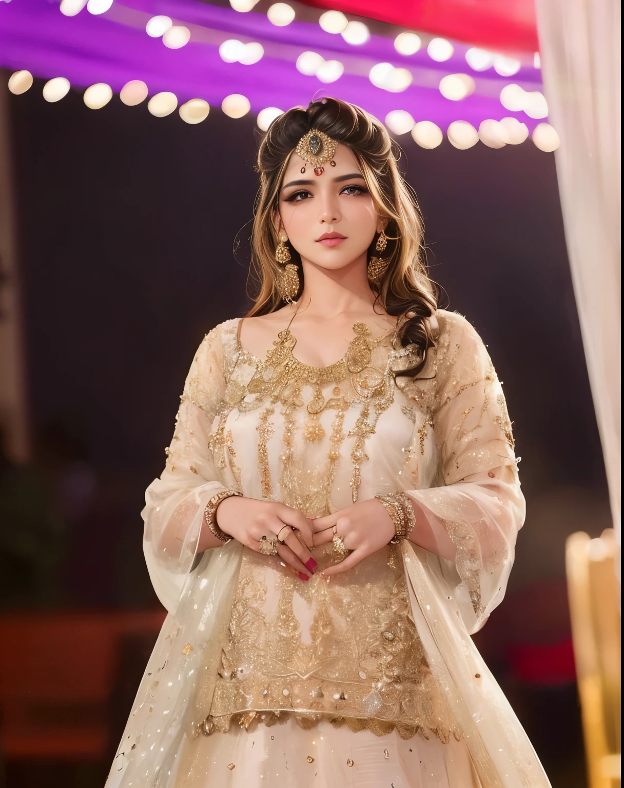 (((desi girl))), chubby face, natural skin, wearing hot deep neck top and dupatta, charming black hair, ((hair ends are blonde)), city streets background, bokeh