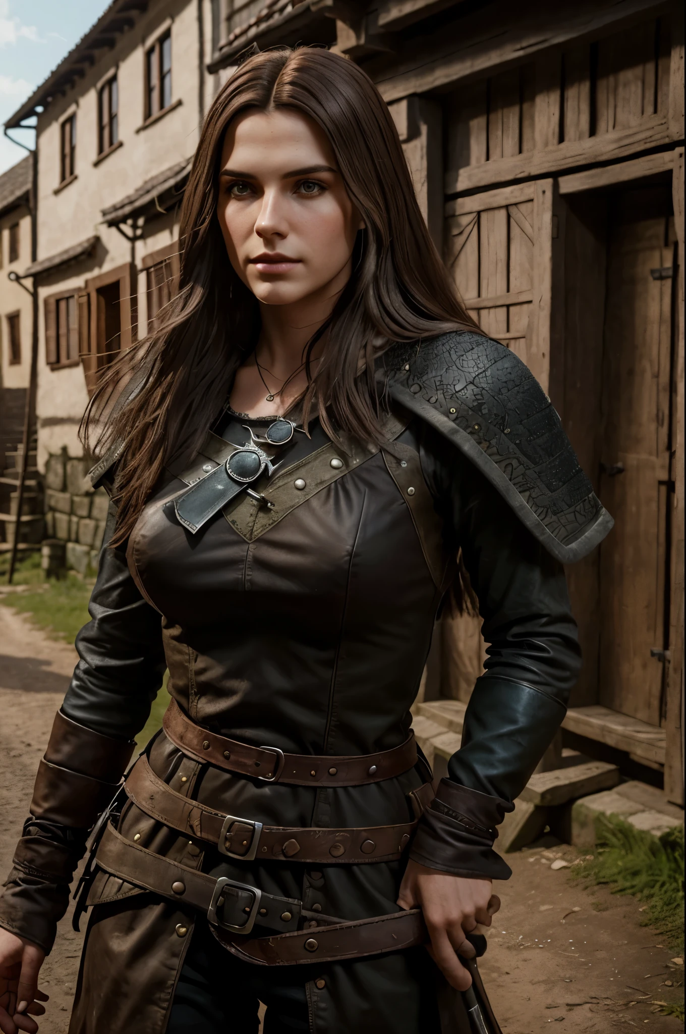 Hyperrealistic photograph of a 25-year-old witcher, with straight brown hair, detailed face, leaving a Middle Ages village. A dystopian masterpiece. The witcher is dressed like a witcher. She's a beautiful woman, skinny, small breasts, photo taken from afar.