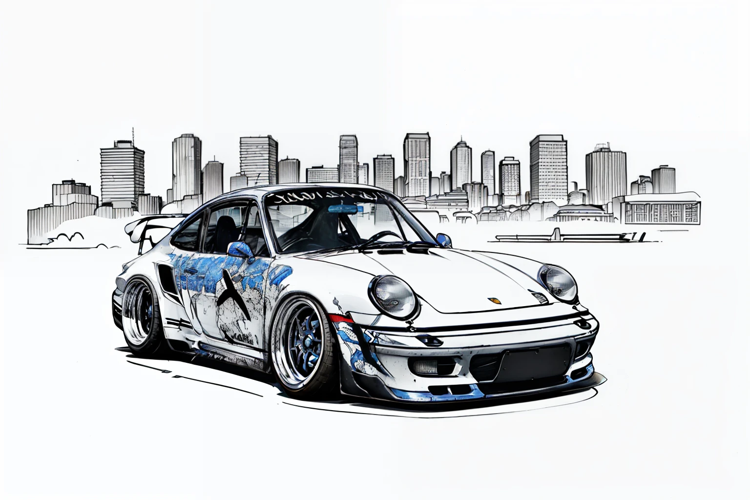 nvinkpunk, painting of a city with a blueish colored Porsche 911 rwb rotting,wide bodykit, large wheels, high quality,