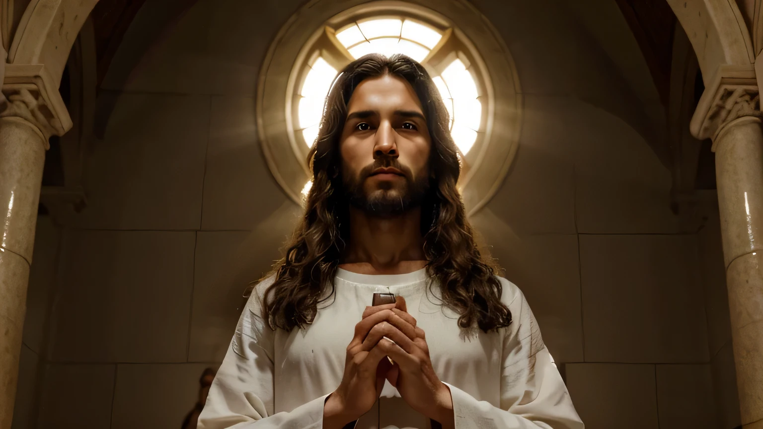 "Develop a high-definition image of Jesus Christ that captures his aura of peace and compassion. Make sure facial features reflect serenity and wisdom, with eyes conveying a sense of kindness and deep understanding. Use um pano macio, Warm color palette to evoke a sense of divinity and transcendence. A cena deve ser iluminada de maneira celestial, com uma luz suave envolvendo a figura de Jesus. Certifique-se de que cada detalhe, from your hair to the folds of your clothes, be portrayed with precision and care to convey the reverence and magnitude of your presence."