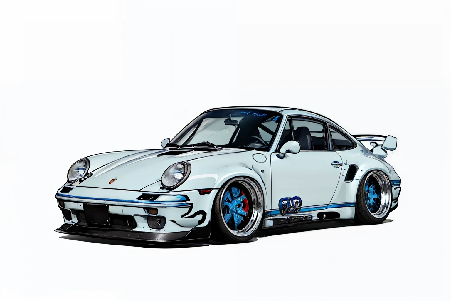 nvinkpunk, painting of a city with a blueish colored Porsche 911 rwb rotting,wide bodykit, large wheels, high quality,