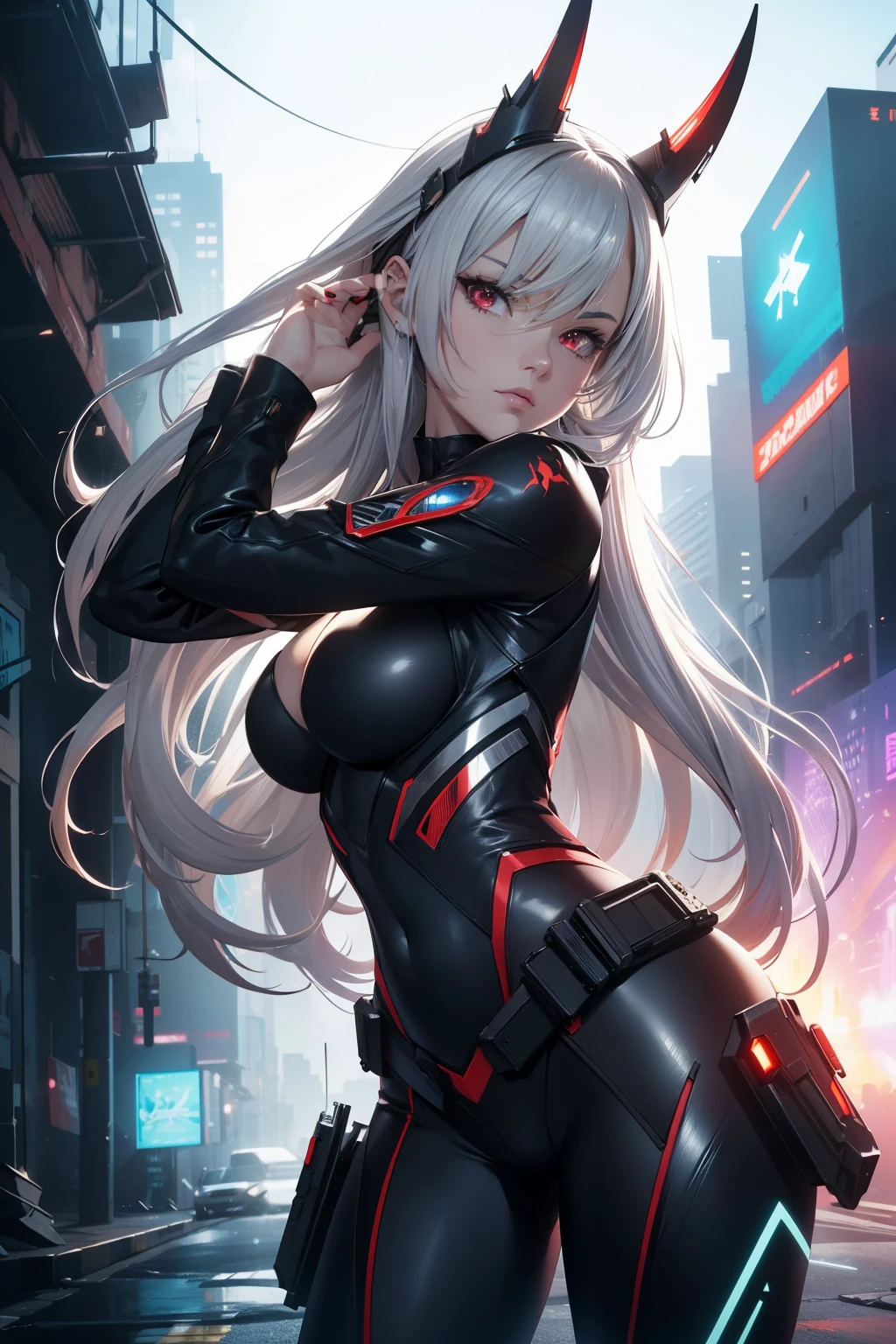 (ultimate quality),  (copic art:1.4),  (realistic:1.2),  (photo realistic:1.28),  (2.5D:1.3),  (texture:0.5),  (line art:0.5),  (illustration:0.5),  (16k),  (cyberpunk fantasy),
BRAKE
Tanin-the-succubus beautiful caucasian woman with straight long (silver hair:1.5), (red eyes:1.3), attractive appearance, detailed face, detailed lips and eyes, goat horns, expressive face, voluptuous, bangs, hair between eyes,
BREAK
cinematic angle,  cinematic lighting,  cinematic shadow,  looking at viewer,  (dynamic obscene pose:1.53),  (upper body), 
BREAK space western, starwars,  trending in artstation,  (explosion:1.2),  (insanely detailed), plasma burst, lightning,
BREAK
[:
🌌 Slick, powerful AI Girl adorned in glowing symbiotic armor, lost in a dark kingdom, radiating pure energy and enchanting tattoos!
:7]