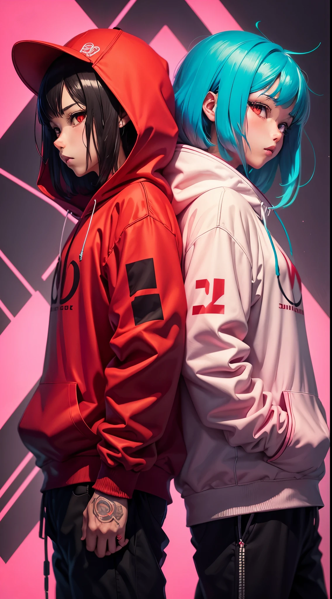anime phonk si-fi style love album cover with hoodies with neon red colors