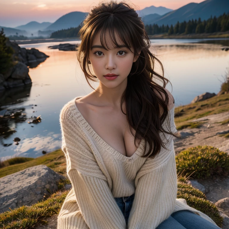 (1woman 1rugged man:1.3), (she's on his lap, straddling:1.5), couple, taken outside, (top view: 0.2, all of body: 2.4,), couple in mountain mist:1.8, (body heat breathing:1.6), beautiful dusk moonlight:1.7, moonstruck, (exterior radiant micro lights:0.2), masterpiece, best quality, ultra-detailed, exterior, laying straddling:1.2, (dusk:1.5), mountains, nature, (glorious morning sunlight), cheerful, (happy couple embrace cozy with blankets, sleeping bags,), embracing intimate, (spanking:1.1), woman is 25 yo beauty, (Brown wavy semi-long hair and bangs), medium breasts, (man 45yo, handsome), Wearing white shirt, sleeves rolled up, dress jeans, (He grabs the girl's hips), body heat:1.3, he kisses the nape of her neck:0.8, warm and inviting, stunning misty mountains, hugging, embracing, (misty mountains:1.1), forest, rocks, river, wood, smoke, shadows, high contrast:1.1, deep rich shadows:1.1, clear sky, analog style (look at viewer:1.8) (skin texture:1.2) ,(ultra-realistic eyes, pupil coloring:1.8, eyelashes), highest quality, (film grain:0.8), (warm hue, warm tone:1.2), cinematic light, ultra high res, best shadow, RAW, wearing knitted sweater:1.5, her hair up in messy ponytail:2.0, relaxed and intimate, resting, happy, best moment in life, share it with me, mountain dew:0.9
