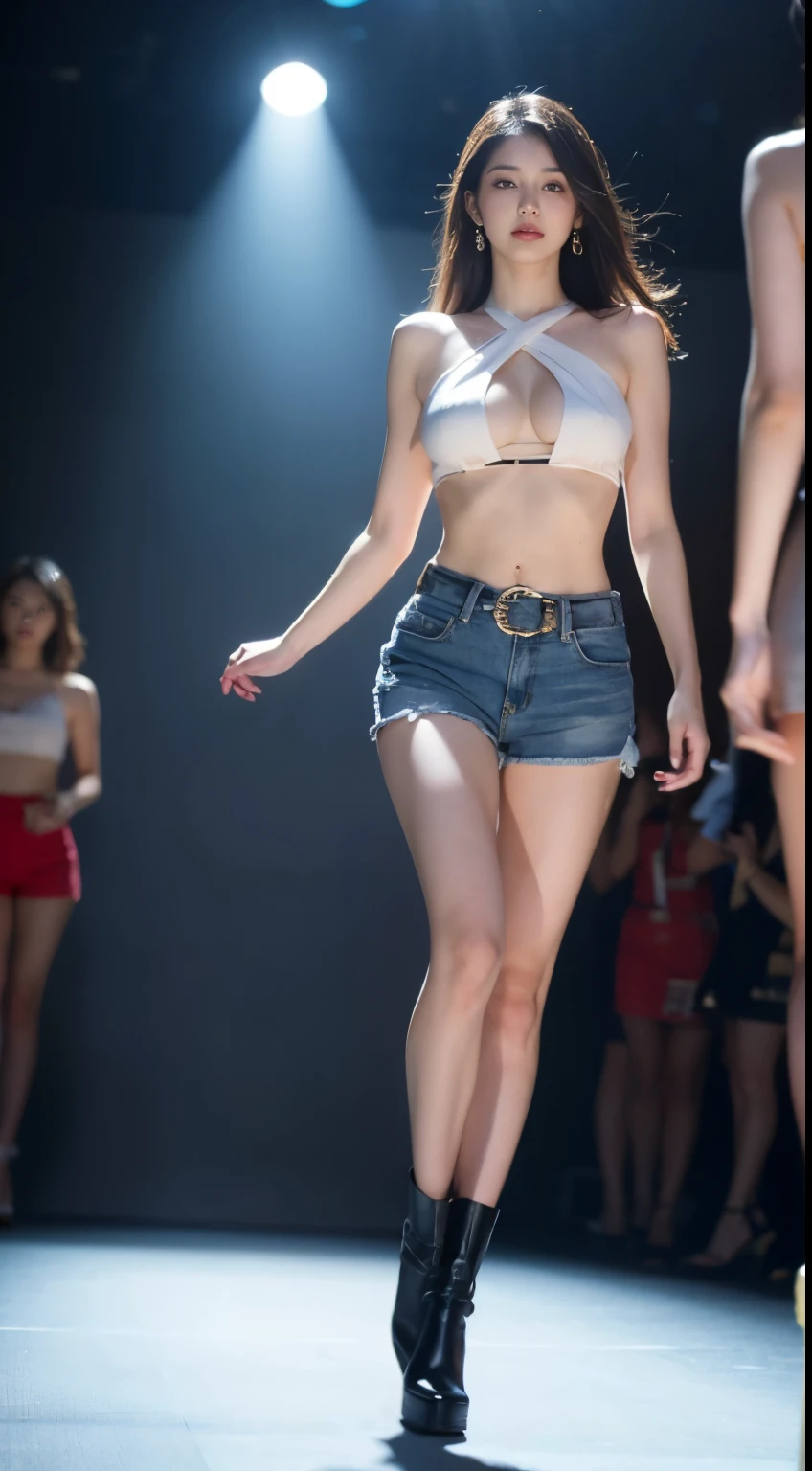 nsfw, 8k, best quality, highres, realistic, real person, A dynamic scene of a female model walking confidently down a runway, surrounded by a large audience under bright lights. The model is elegantly dressed in a high-fashion outfit, with the spotlight focused on her. She exudes confidence and grace as she strides forward. The audience is captivated, and the atmosphere is vibrant and glamorous, capturing the essence of a high-end fashion show. Turquoise jewelry, denim shorts, ankle boots, Big breasts, cleavage, beautiful legs, long beautiful legs, beautiful waist, exposed belly button