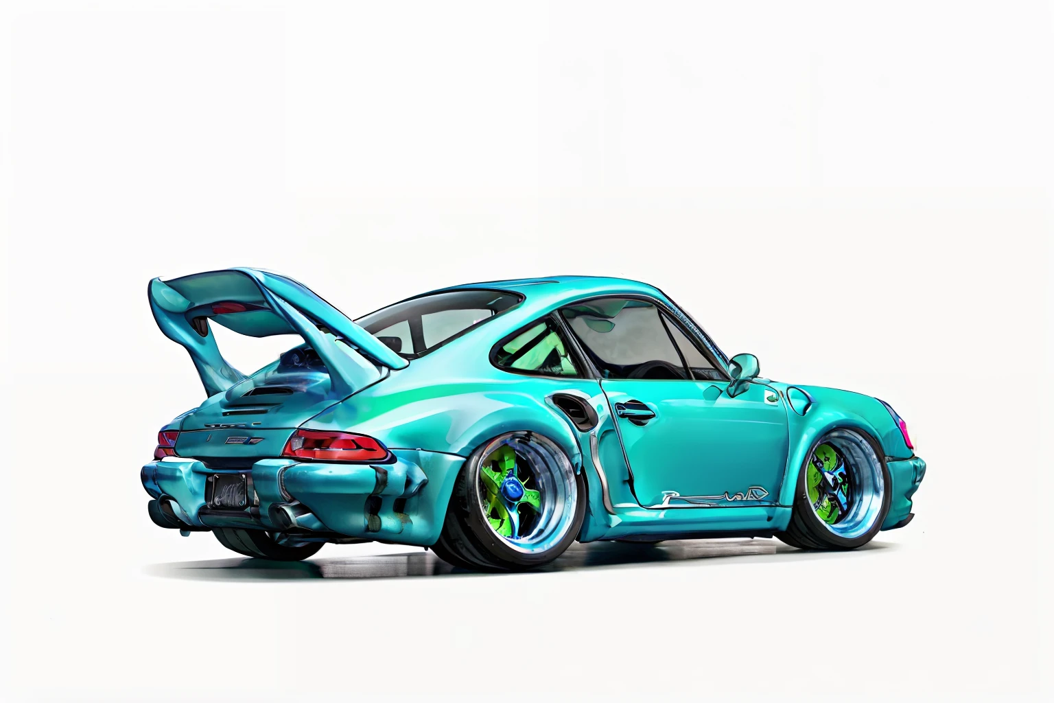 nvinkpunk, painting of a city with a blue greenish colored Porsche 911 rwb rotting,wide bodykit, large wheels, high quality,