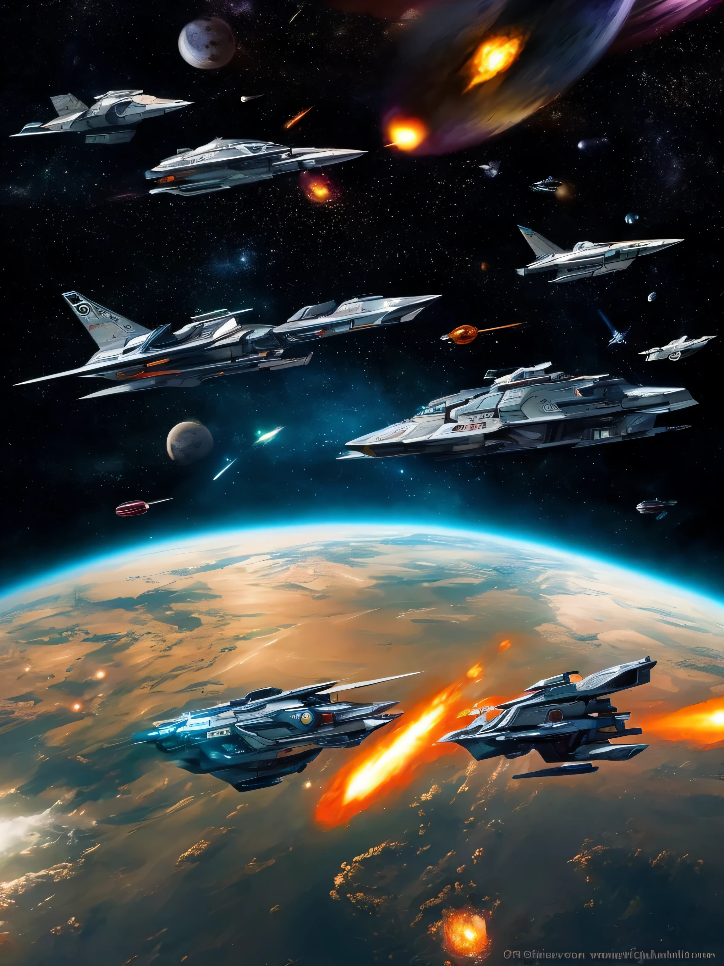 Spaceships fighting each other in space, naves grandes e pequenas voando. Guerra espacial, naves explodindo, Lutadores espaciais, Rendering, pintura digital, sci fi