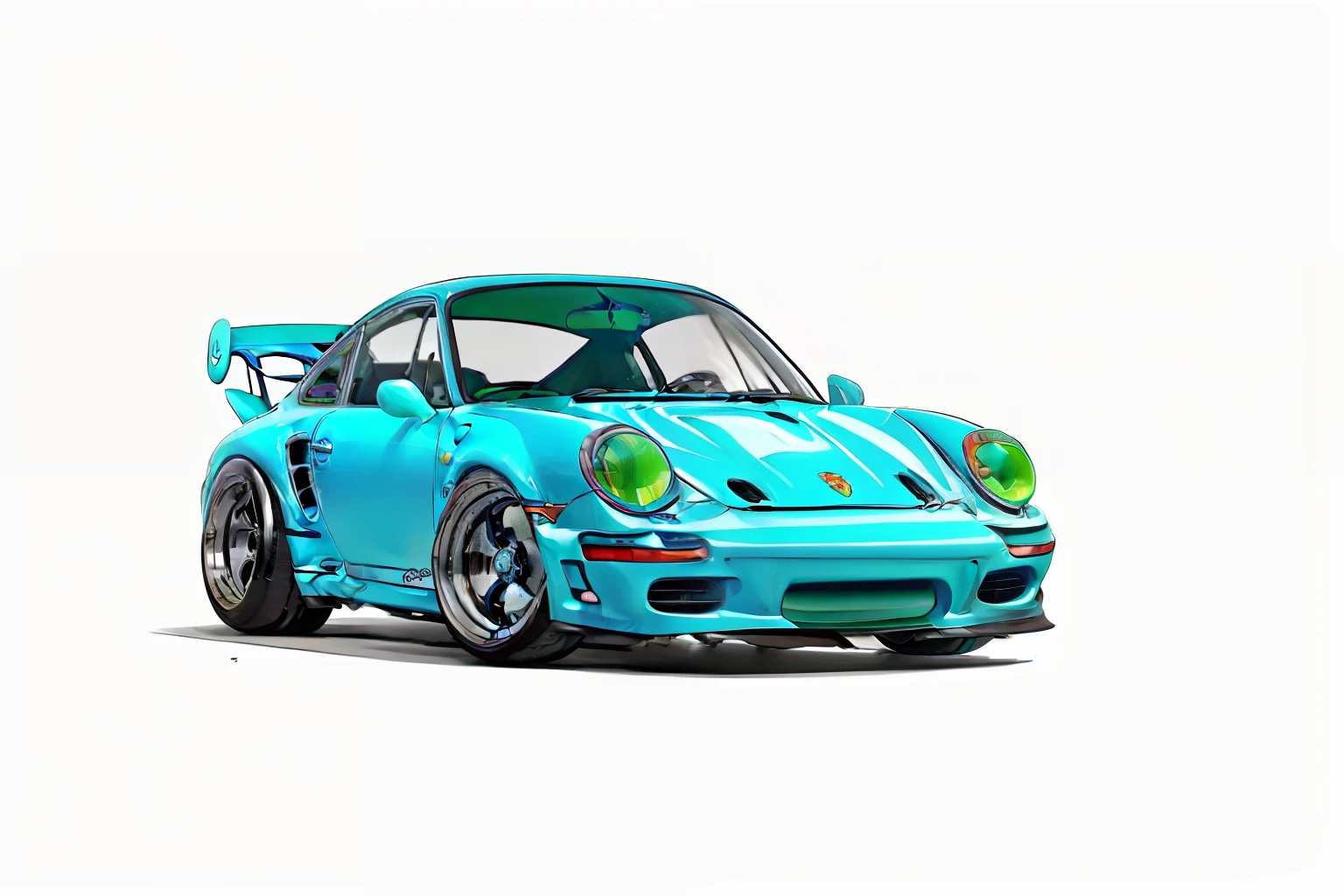nvinkpunk, painting of a city with a blue greenish colored Porsche 911 rwb rotting,wide bodykit, large wheels, high quality,
