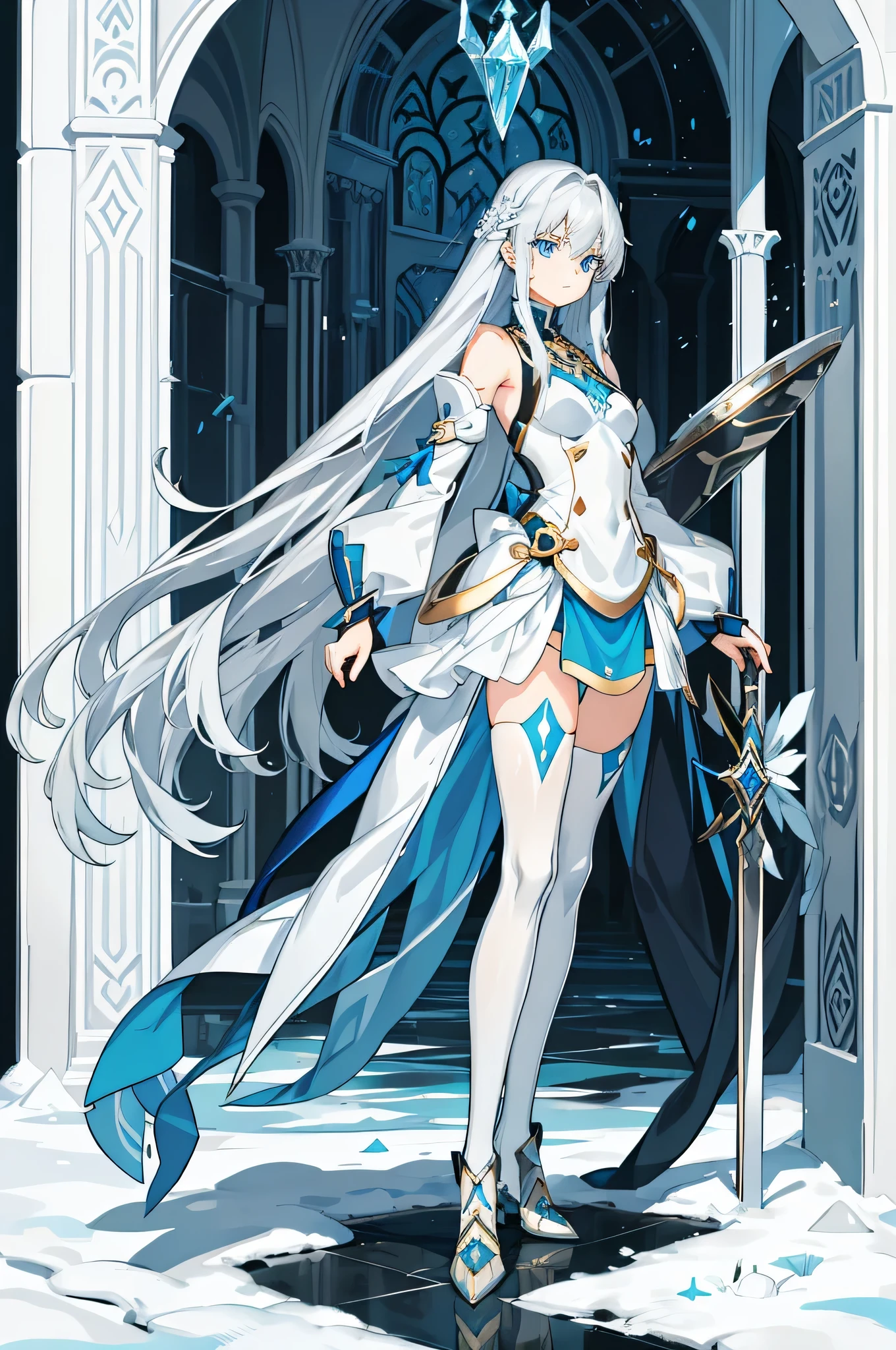 long silver hair，girl with crystal blue eyes，He was wearing tights that looked like battle uniforms..，Parts such as wrists and knees are made of hard armor.、.，No expression，There is no emotion in the eyes，extremely cold，Light and dark backgrounds，long white sword，((whole body)),