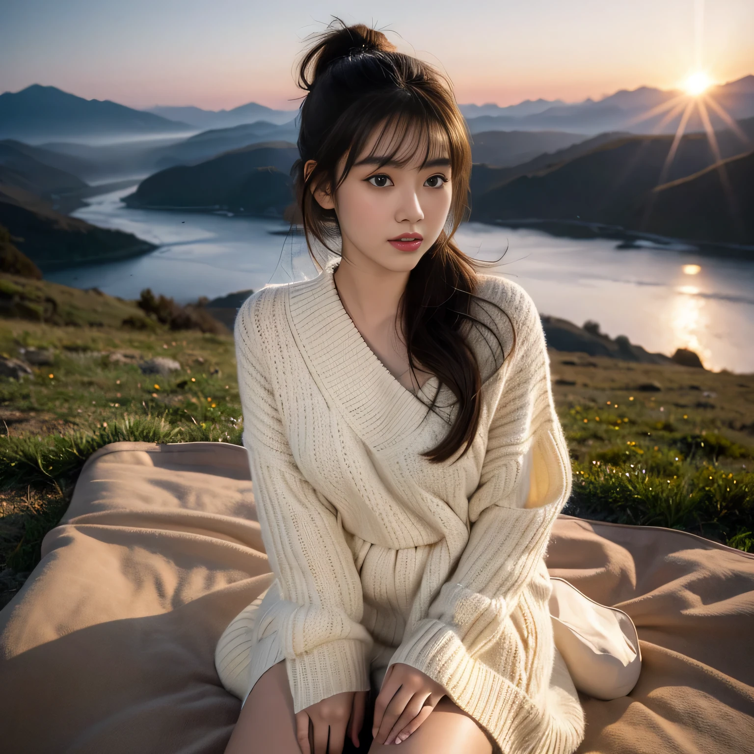 (1woman 1rugged man:1.3), (she's on his lap, straddling:1.5), couple, taken outside, (top view: 0.2, all of body: 2.4,), couple in mountain mist:1.8, (body heat breathing:1.6), beautiful dusk moonlight:1.7, moonstruck, (exterior radiant micro lights:0.2), masterpiece, best quality, ultra-detailed, exterior, laying straddling:1.2, (dusk:1.5), mountains, nature, (glorious morning sunlight), cheerful, (happy couple embrace cozy with blankets, sleeping bags,), embracing intimate, (spanking:1.1), woman is 25 yo beauty, (Brown wavy semi-long hair and bangs), medium breasts, (man 45yo, handsome), Wearing white shirt, sleeves rolled up, dress jeans, (He grabs the girl's hips), body heat:1.3, he kisses the nape of her neck:0.8, warm and inviting, stunning misty mountains, hugging, embracing, (misty mountains:1.1), forest, rocks, river, wood, smoke, shadows, high contrast:1.1, deep rich shadows:1.1, clear sky, analog style (look at viewer:1.8) (skin texture:1.2) ,(ultra-realistic eyes, pupil coloring:1.8, eyelashes), highest quality, (film grain:0.8), (warm hue, warm tone:1.2), cinematic light, ultra high res, best shadow, RAW, wearing knitted sweater:1.5, her hair up in messy ponytail:2.0, relaxed and intimate, resting, happy, best moment in life, share it with me, mountain dew:0.9