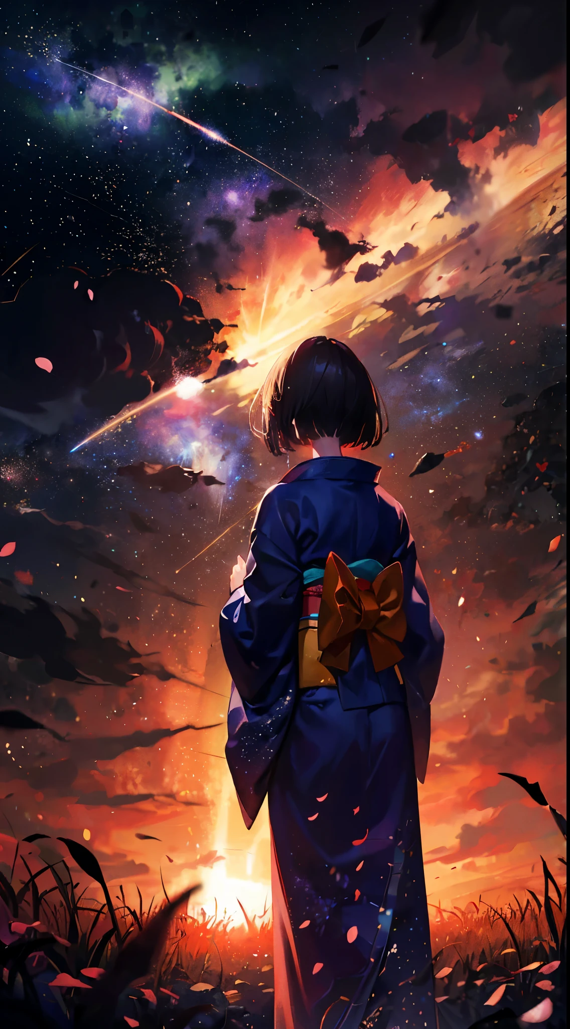 1girl, distant girl wearing a kimono staring at the stars, (zoomed out:1.1), (meteor shower:1.2), (comet:1.1), your name, low angle, from behind, aroura borealis, shooting star, yukata, red kimono, cherry blossoms, standing in a field,best quality, masterpiece,  cloud,colorful, starry,stars,
